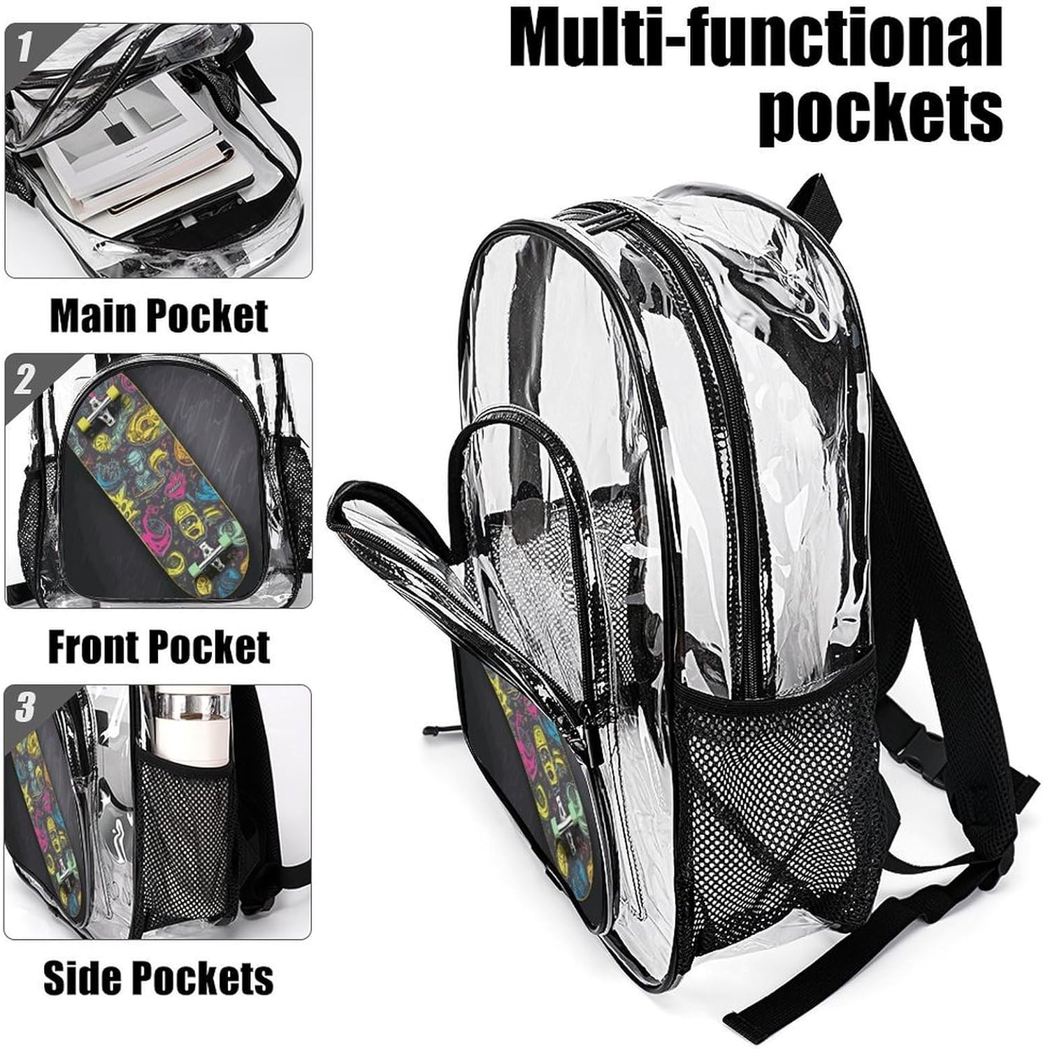 Graffiti Skateboard Clear Backpacks PVC Transparent,Bookbag for Adult,Adjustable Straps,Travel Backpack with Pouch Pocke for Capacity Cup