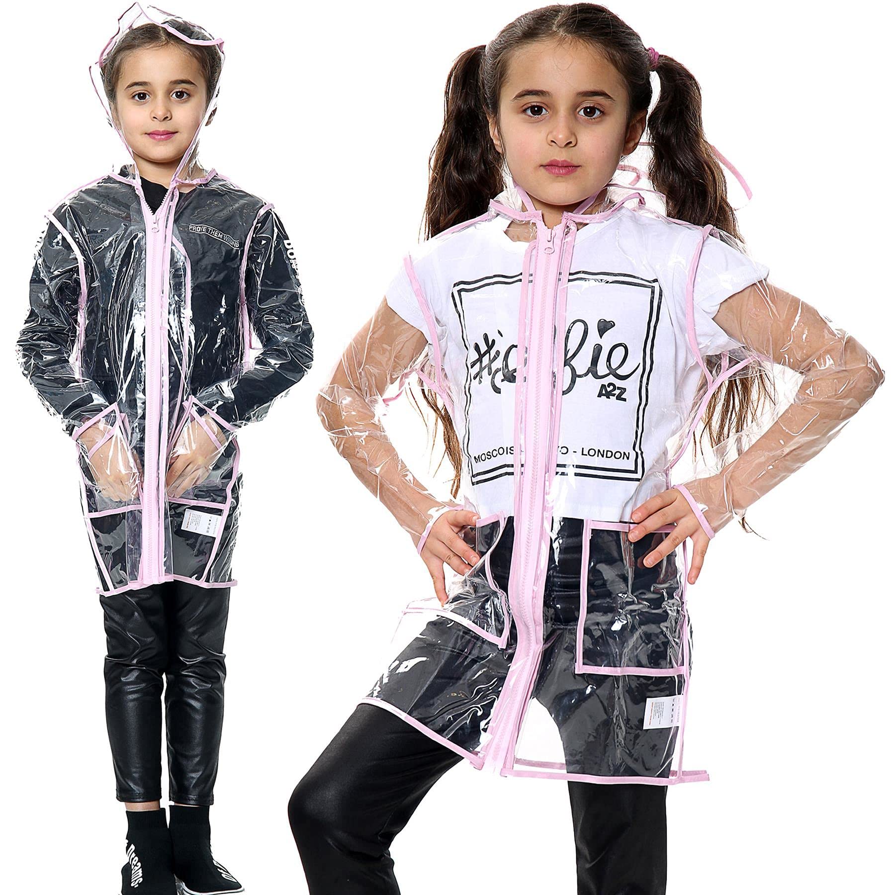 A2z 4 Kids Girls Baby Pink Raincoat Eva Transparent Clear Rainwear Hooded Long Sleeves - Raincoat 450 11-12