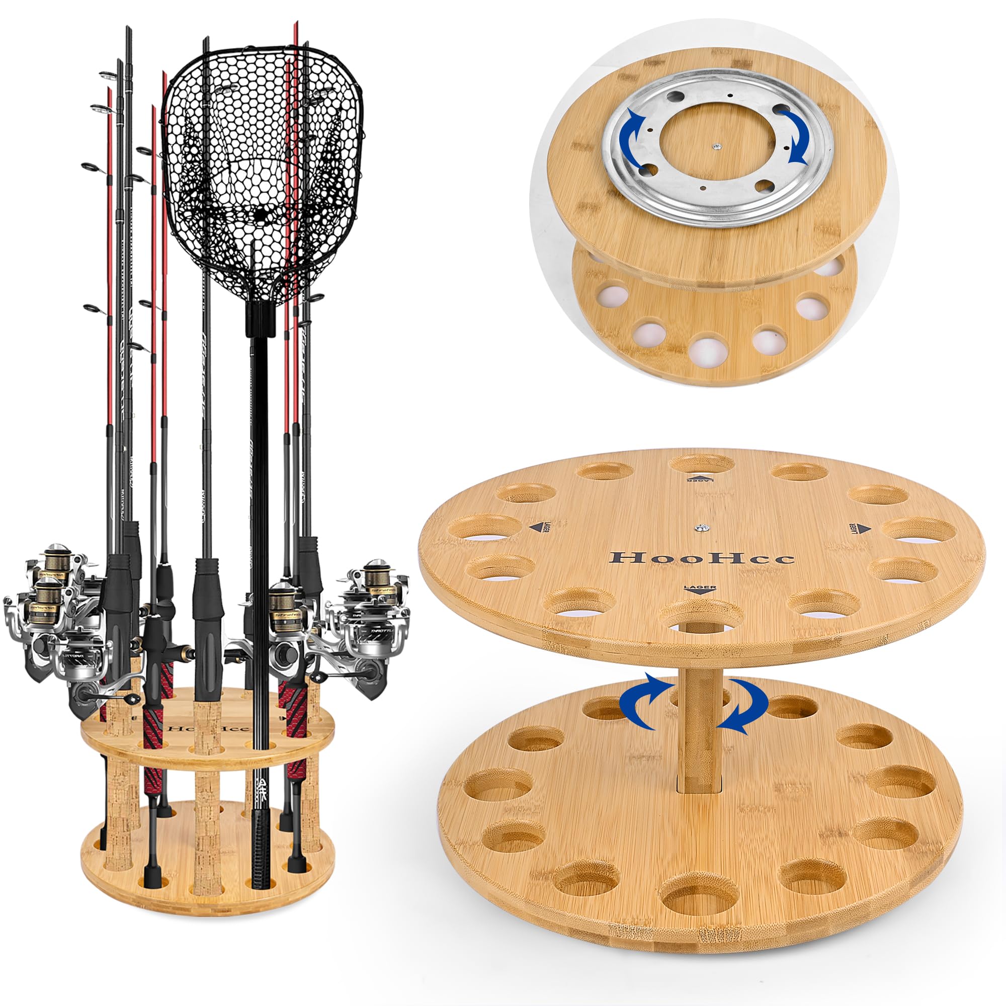 NBINGB Fishing Rod Holders for Garage 360 Degree Rotating Fishing Pole Rack, Floor Stand Holds up to 12 Rods Bamboo Wood Fishing Gear Equipment Storage Organizer, Fishing Gifts for Men
