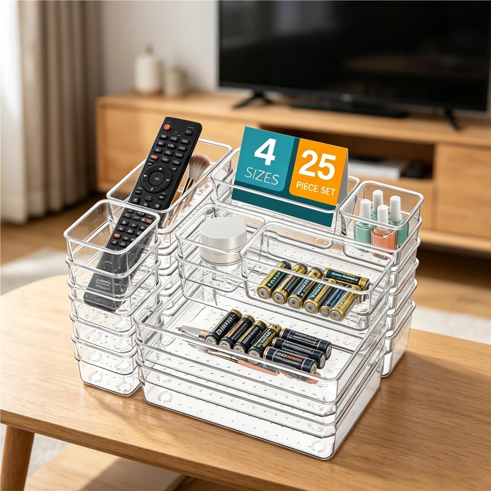 TYNGBT Portable Clear Drawer Organizer Set, 25 Pcs Plastic Storage Bins, Dividers for Travel, Vanity, Office, Home, Cosmetics and Small Essentials