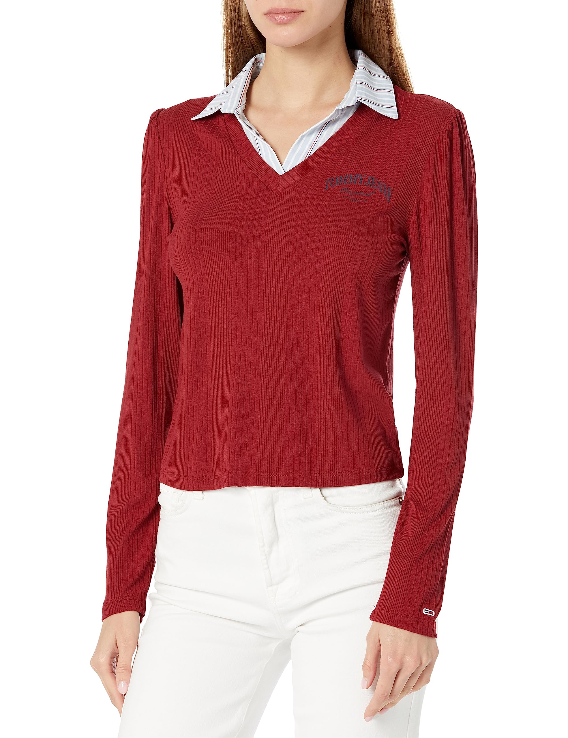 Tommy Hilfiger Women's Attached Woven Ribbed Vneck Shirt 