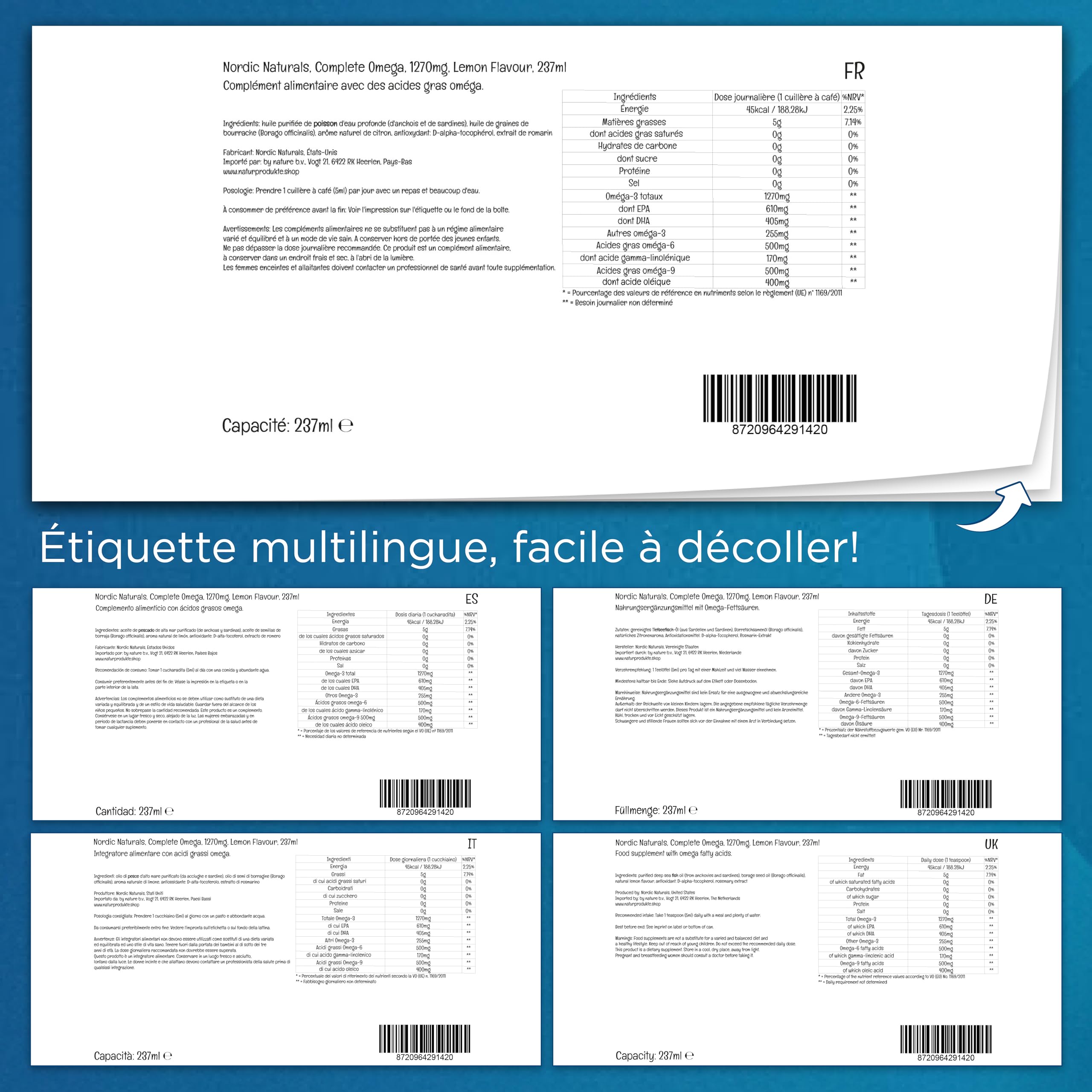 Nordic Naturals, Complete Omega, 1270mg, avec Huile de Bourrache et GLA, 237ml, Goût Citron, Sans Soja, Sans Gluten, Sans OGM