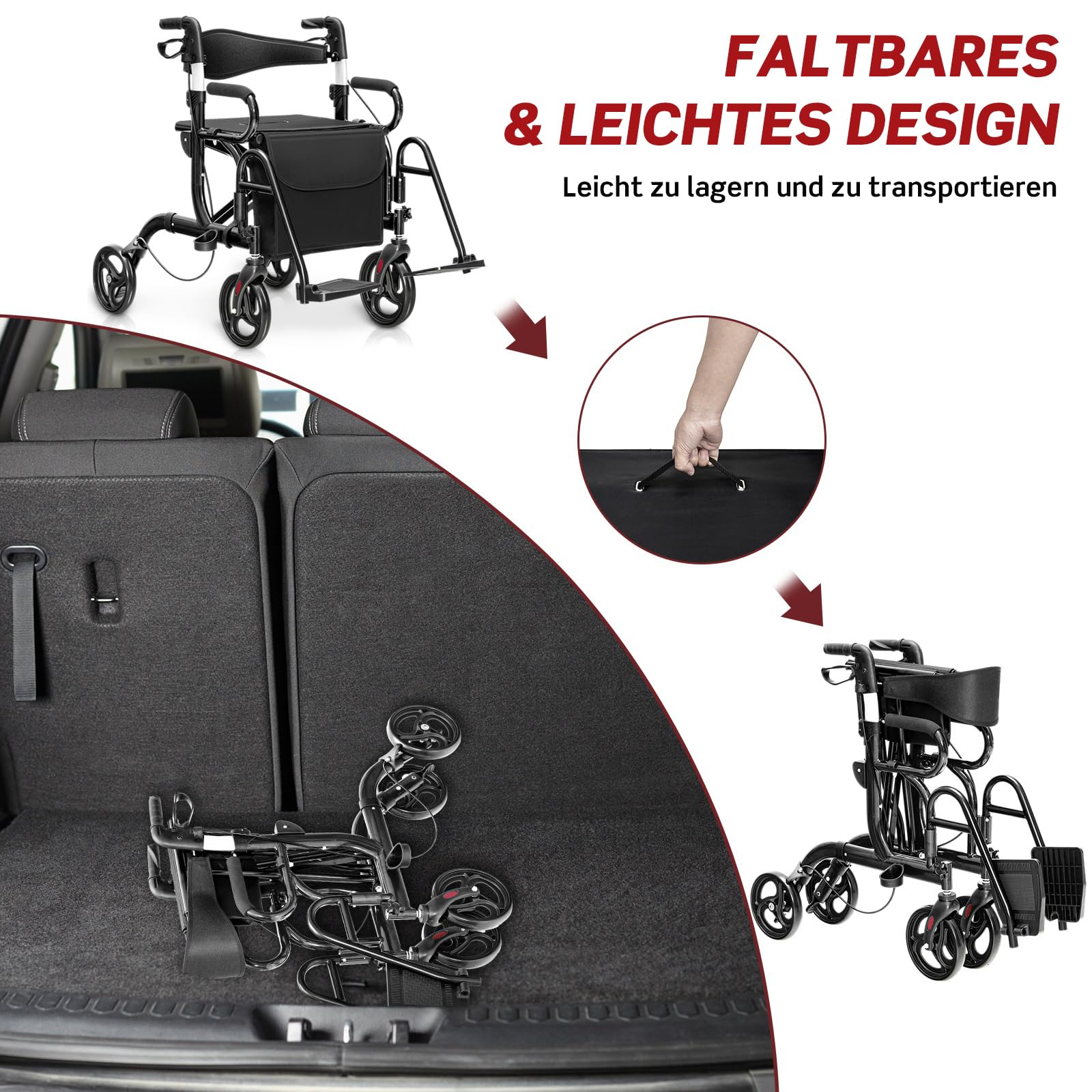 RELAX4LIFE 2-in-1 Rollstuhl Rollator Faltbar und Leicht mit Sitz, Rollatoren 6-fach höhenverstellbar, Leichtgewicht Reiserollator Aluminium, Gehhilfe mit Gummireifen, Tasche, Stockhalter (Schwarz)