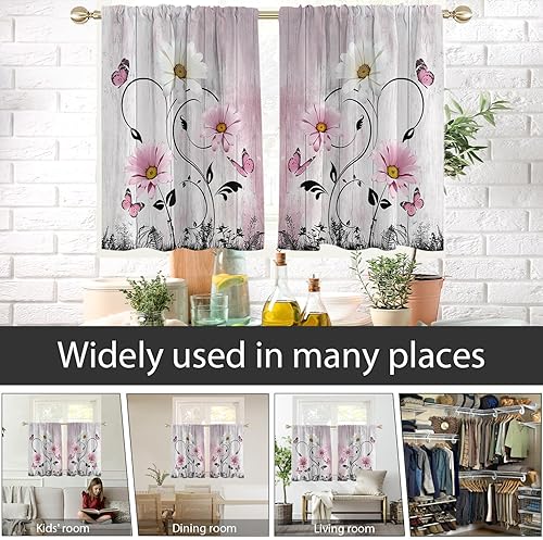 Miniatura 10 de AAtter Cortina de ventana con diseño floral morado, lavanda, lila, flores rústicas, mariposas blancas, margaritas blancas, hojas negras abstractas,