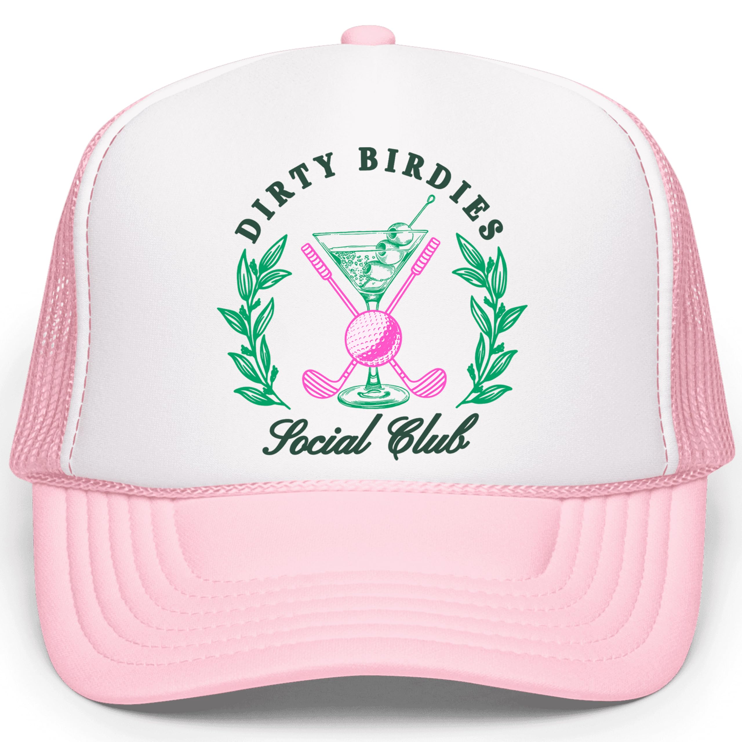 Dirty Birdies Social Club Funny Golf Women's Classic 5 Panel Mesh Snap Back Trucker Hat White/Pink Trucker Hat