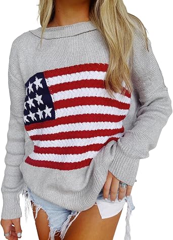 Womens American Flag Graphic Sweater Vintage Loose Hollow Out 4th of July Jumper Summer USA Flag Pullover Top