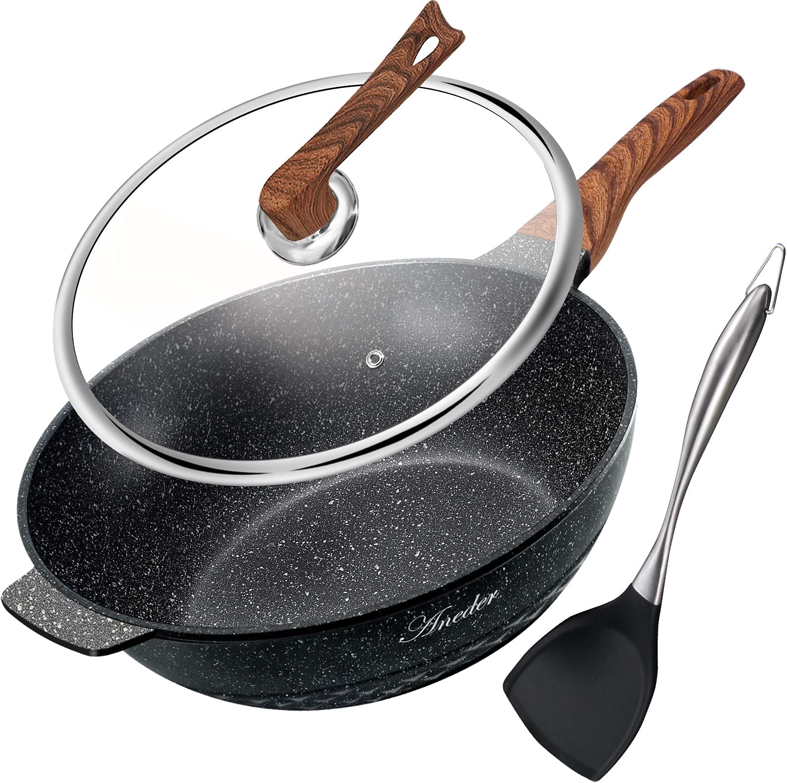 Nonstick Wok Pan Flat Bottom, Aneder Frying Pan with Lid & Silicone Spatula 13.4'' Skillet Wok for Electric, Induction & Gas Stoves, Oven Safe