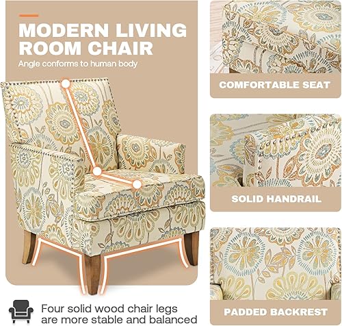 Miniatura 6 de Sofá con acento floral, silla con respaldo alado, cómoda silla de club, silla individual tapizada con brazos de lectura para sala de estar y Beige