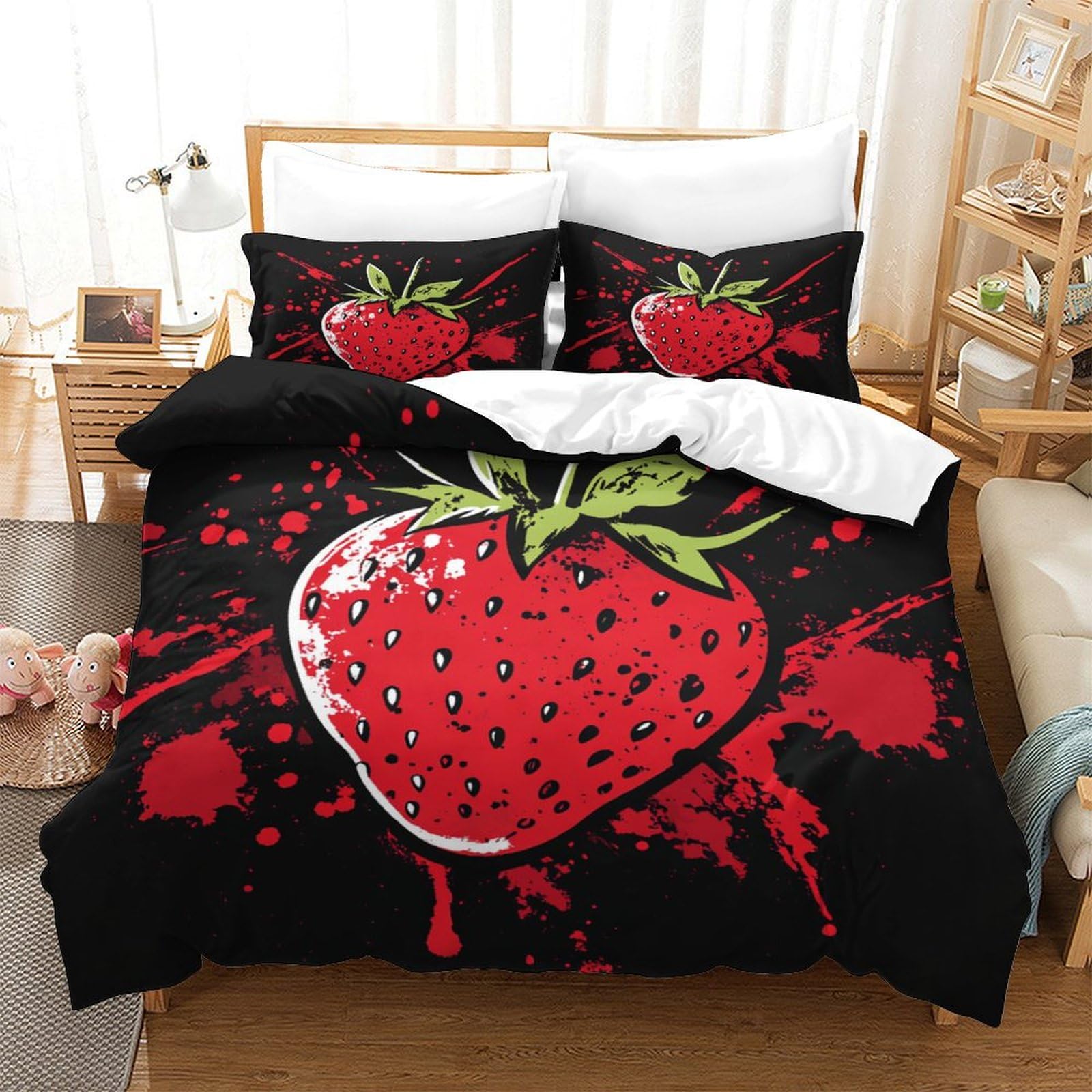 P1S9U7W5Y Artistic Strawberry 3D Printed Duvet Cover Set 3pcs Microfiber Strawberry Bedding Set Double（200x200cm）