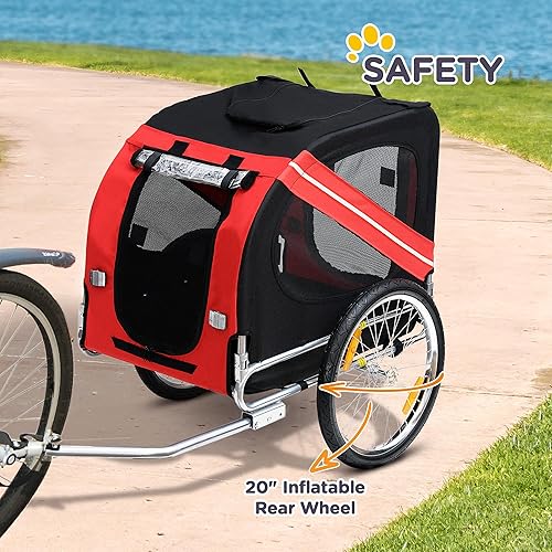 Vista 6 de Aosom Remolque de bicicleta para perros, carrito de mascotas, accesorio de transporte de carga para viajes con 3 entradas, ruedas grandes para Rojo