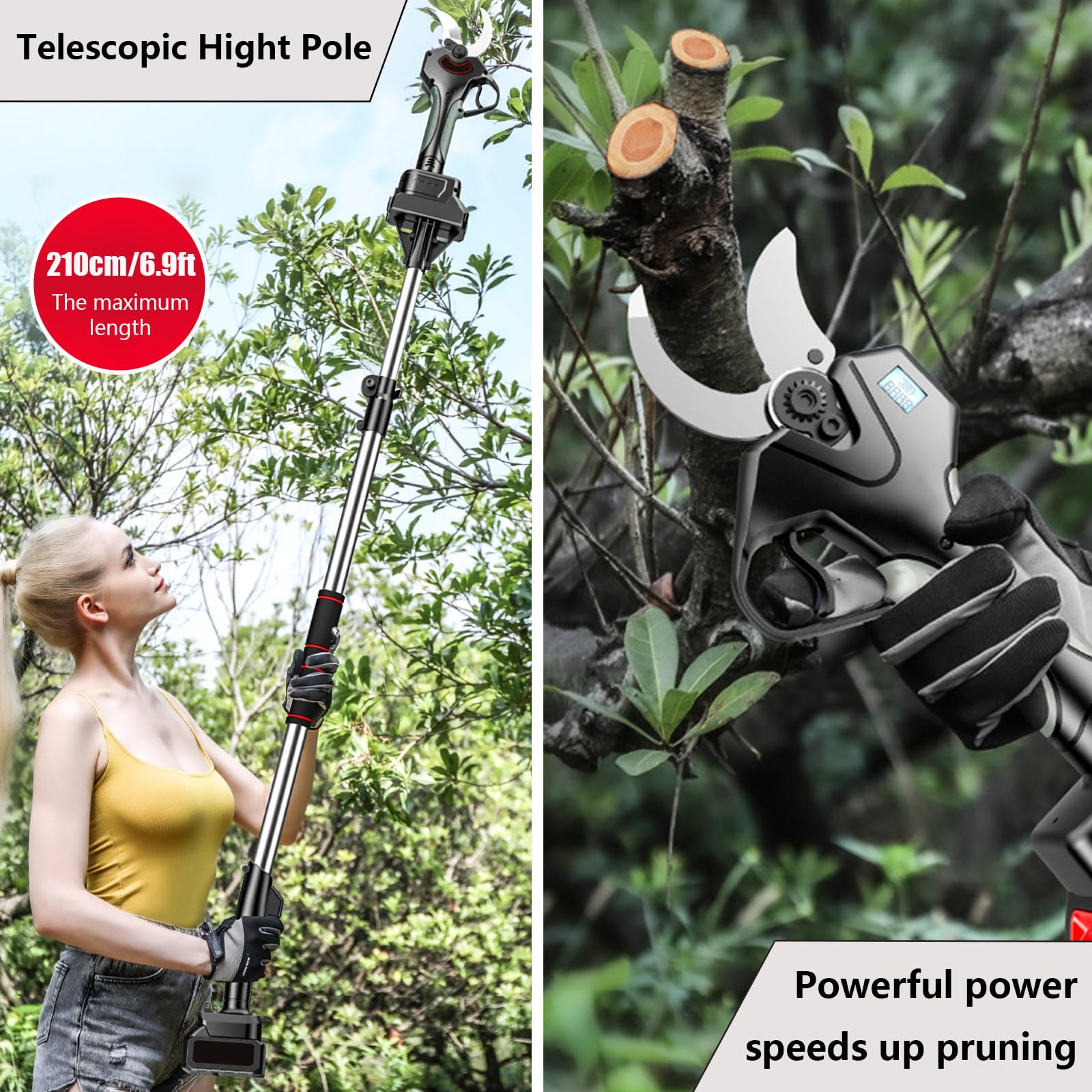Kit de podadora eléctrica, podadora eléctrica sin escobillas con postes de extensión de 6,9 pies, 2 baterías recargables para poda más larga, tijeras de jardinería para poda de árboles