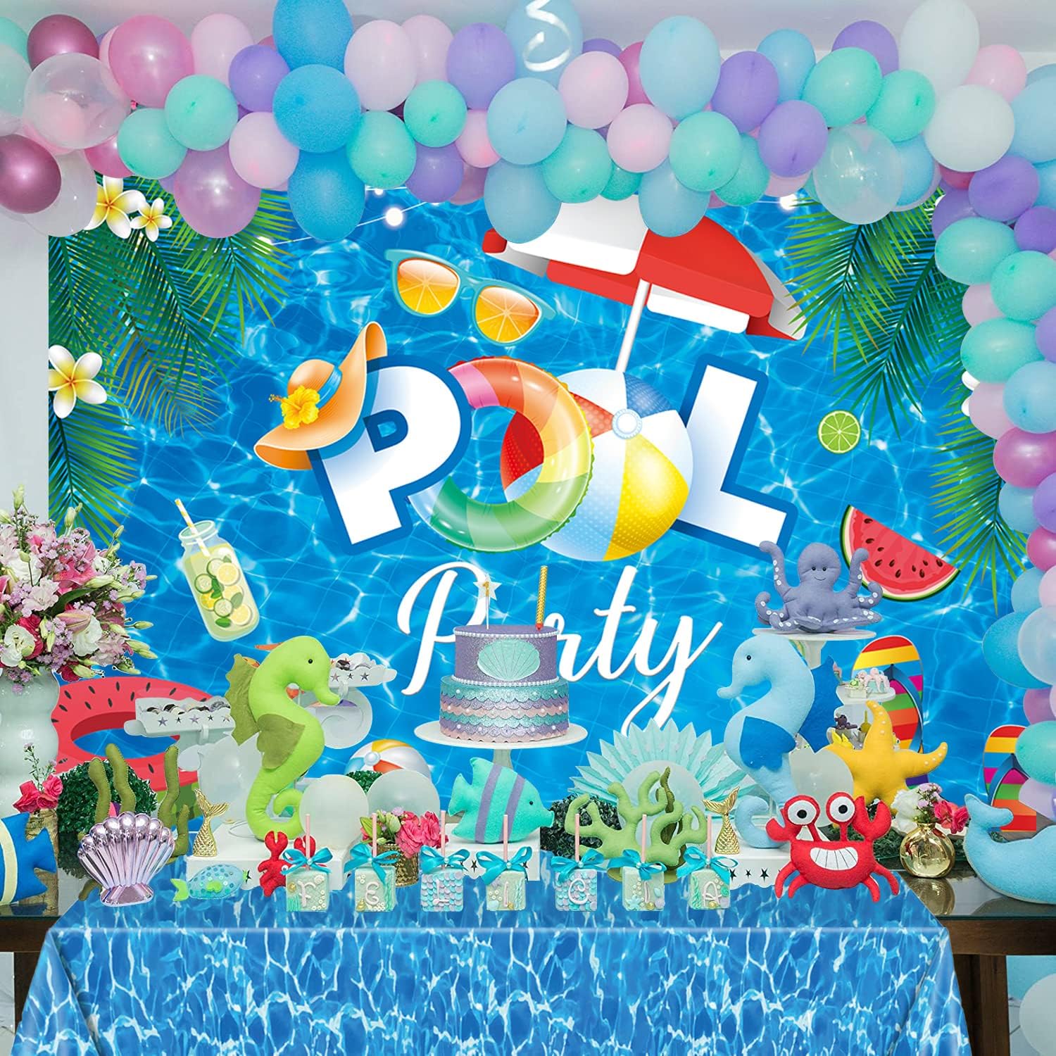 XCKALI Blue Pool Party Photography Backdrop Tablecloth Set Summer Beach Hawaii Ocean Pool Party Decoration Supplies 2PCS