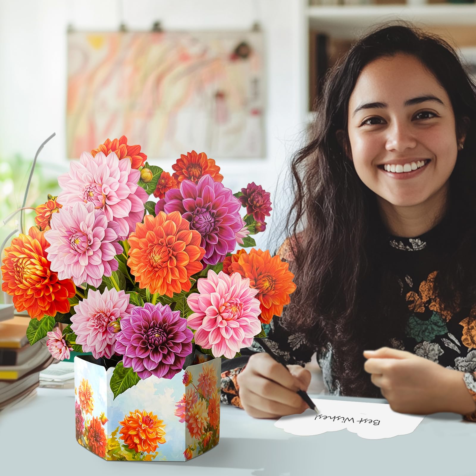 Tarjetas de felicitación desplegables, ramos de flores de papel de dalia