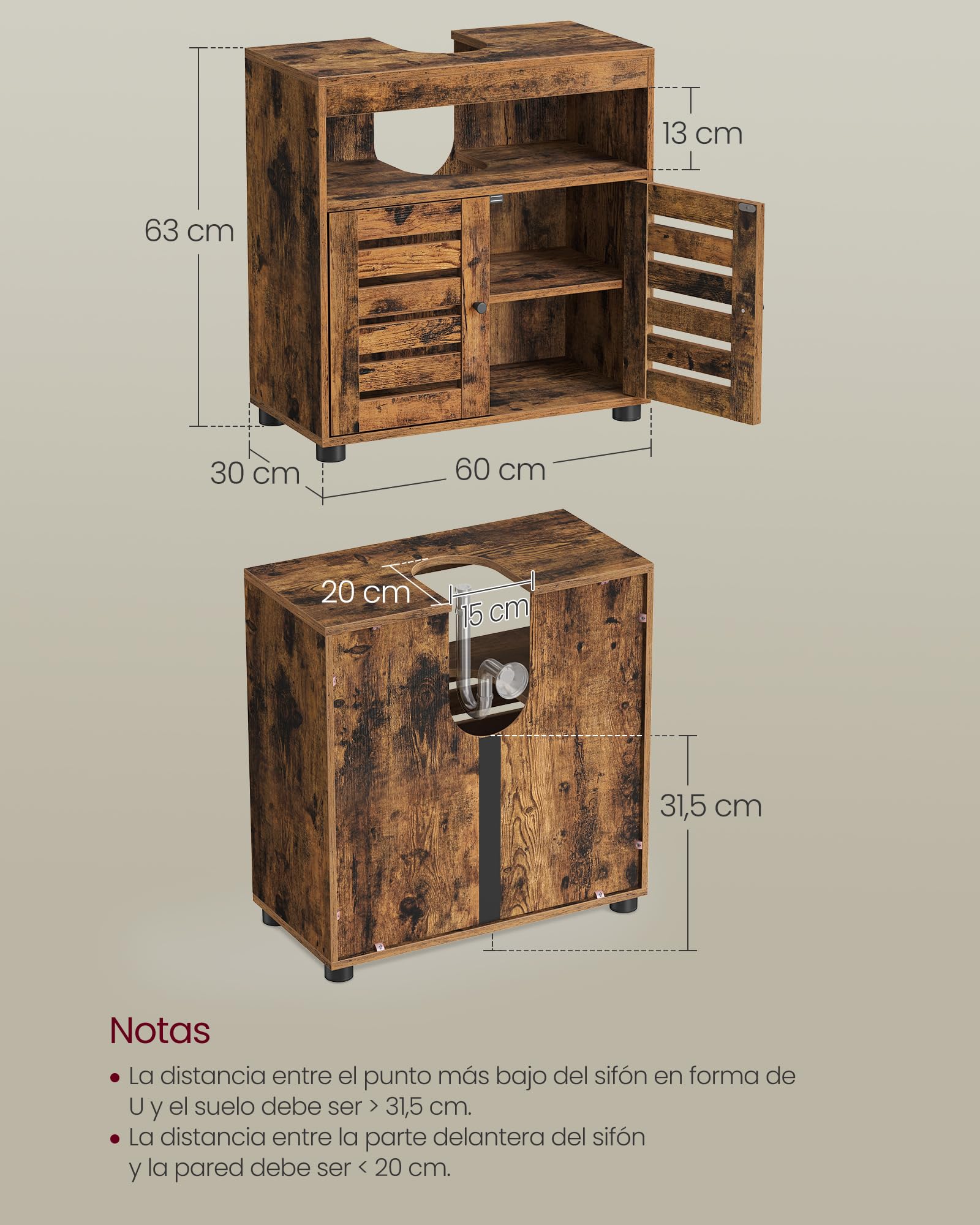 VASAGLE Mueble de Lavabo, Mueble de Baño, Armario de Almacenamiento, 30 x 60 x 64 cm, Apto para Lavabos sin Pedestal, con 2 Puertas de Persiana, Tablero Ajustable, Marrón Rústico BBK04BX
