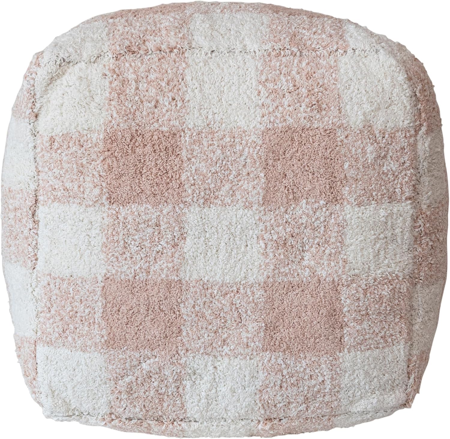 Creative Co-Op Cotton Tufted Pouf with Plaid Pattern, Blush and Cream