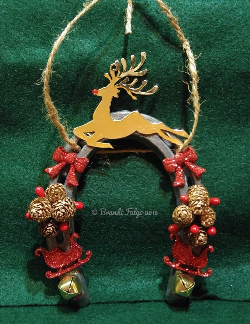 HANDMADE Authentic REAL HORSESHOE Christmas Tree Ornament - Western - Shiny Prancing Reindeer With Bows, Sleigh, and Golden Pinecones - VERY UNIQUE