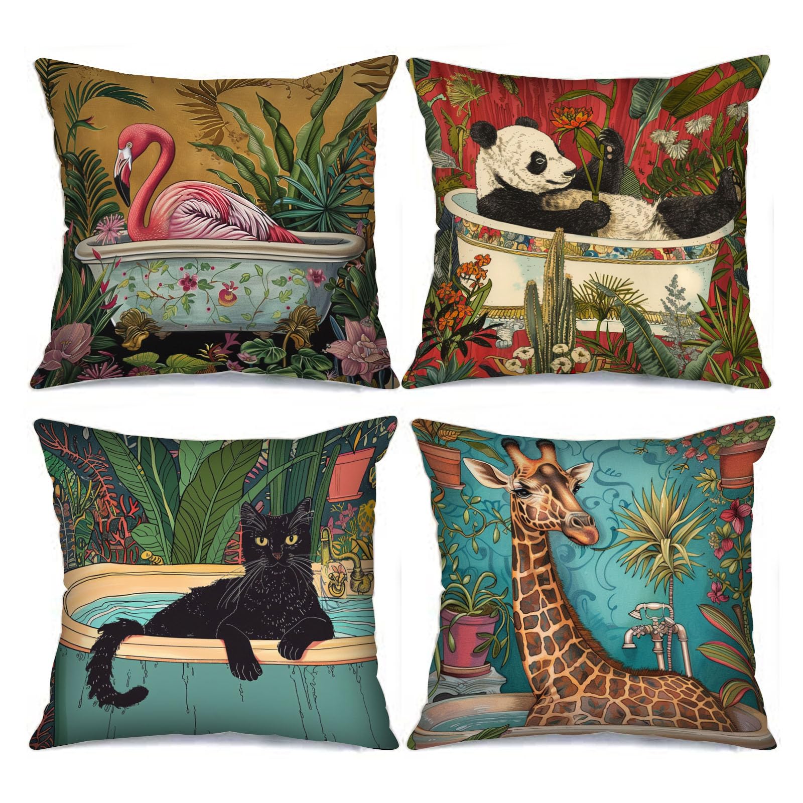 Tucocoo Pink Flamingo Throw Pillow Covers 18x18 inches Set of 4, Panda Animals on Bathtub Art Decorative Cushion Cases Black Cat and Botanical Modern Decor for Couch Bed Patio Car Sofa Pillowcase