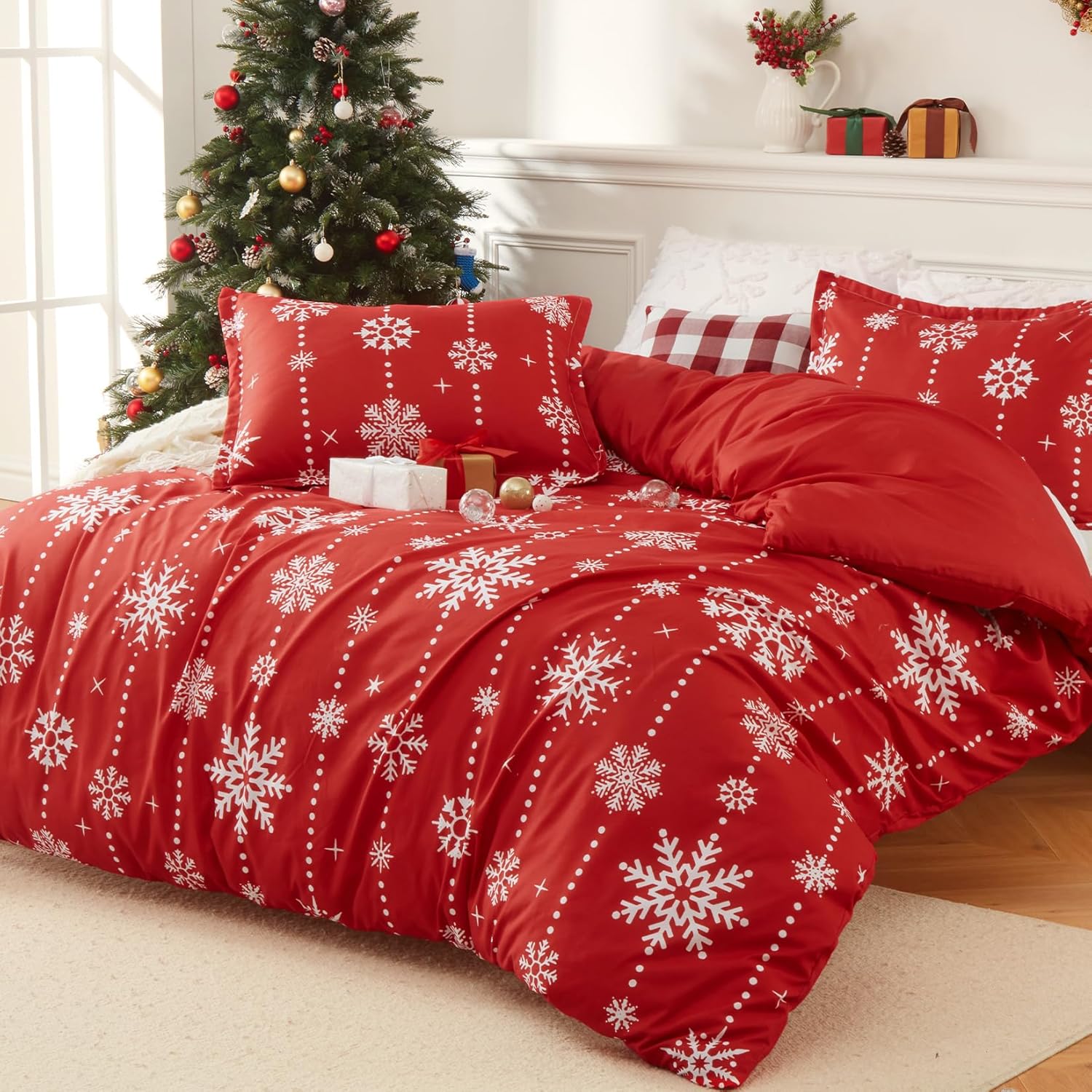 CAROMIO Christmas Duvet Cover Twin, Soft Microfiber Red Duvet Covers, Reversible Printed Comforter Cover Set Christmas Holiday Decorative Bedding (‌Snowflake Elegance‌, Twin)