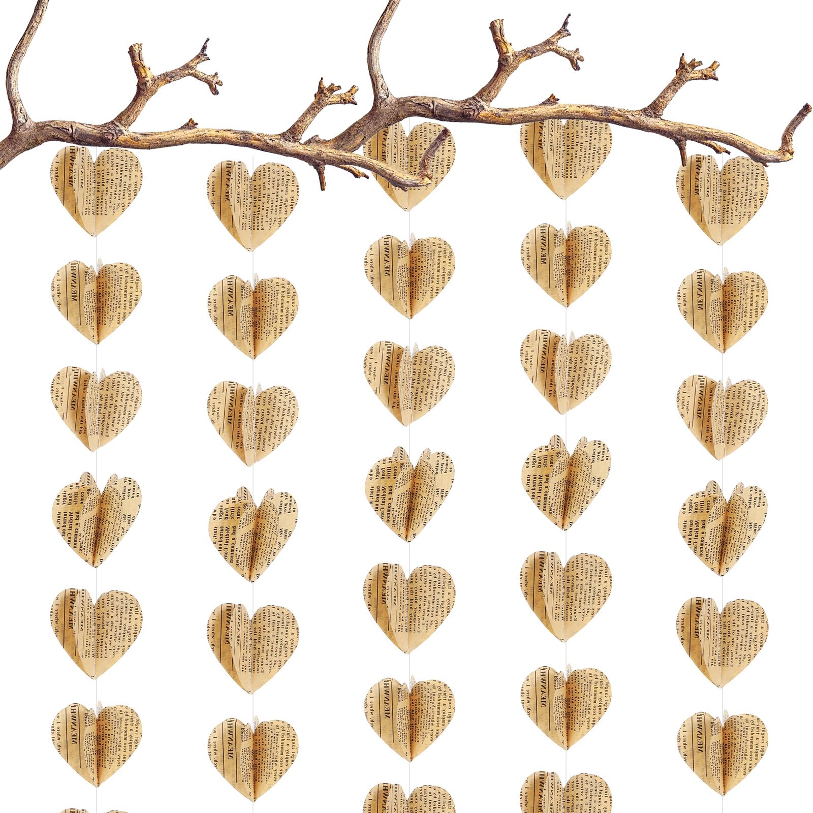4 Pack 3D Heart Garland, Vintage Book Pages Paper Garland, Book Themed Party Decorations for Wedding Holiday Christmas Garlands Table Decor
