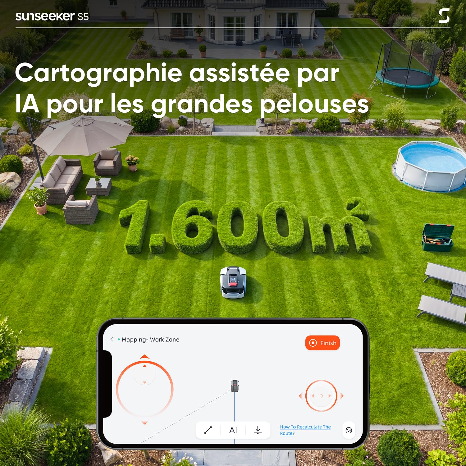 Sunseeker S5 AWD Robot Tondeuse sans Fil Périphérique pour 1600 m² – Navigation RTK + Vision IA - vue 3