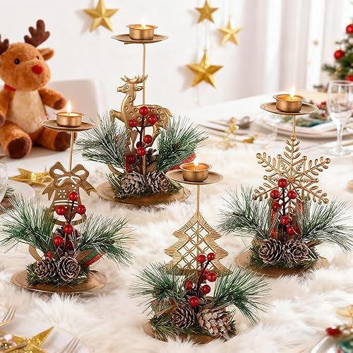 Miniatura 6 de 4 portavelas de Navidad, centros de mesa de metal de hierro dorado para mesas, adornos festivos con decoración de bayas rojas