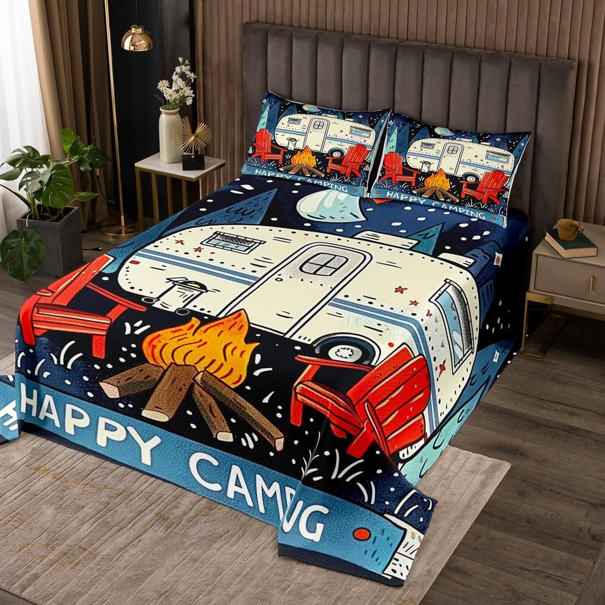 Happy Camping Bedspread Set Queen Size for Kids,Boys Girls Camper Quilt Set Pine Bonfire Bedspread Coverlet Go Fishing Bedspread 3 Piece Decorative Bedding Quilted with 2 Pillow Shams