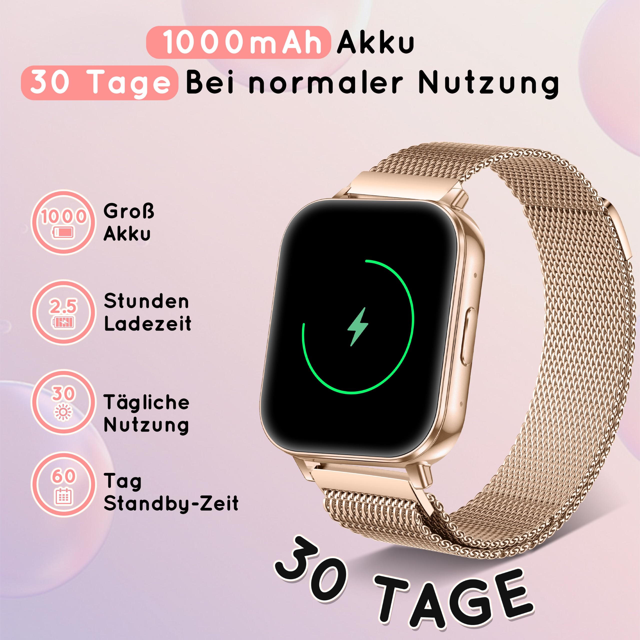 Smartwatch Damen mit Telefonfunktion 1,85" 30+ Tage Autarkiezeit Fitnessuhr Herzfrequenz SpO2 Schlaf Monitor 120+ Sportmodi 1000mAh iOS Android Roségold