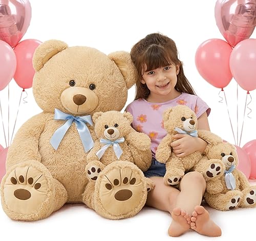 Miniatura 9 de MorisMos Osos de peluche gigantes, Oso de peluche mamá de 28'' con 3 bebés dentro de la barriga, 4 paquetes de peluches grandes para niños, niña,