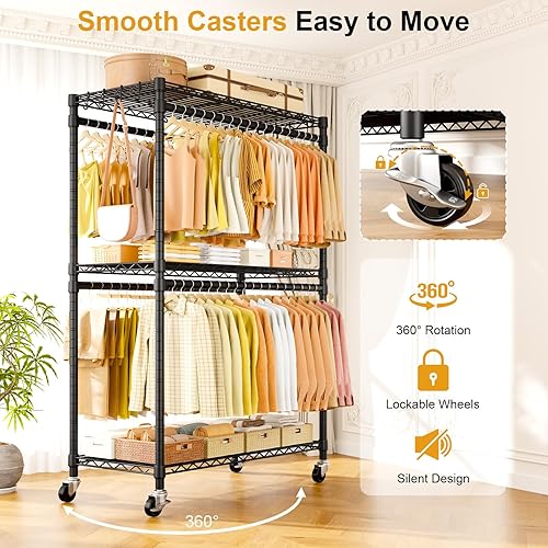 Miniatura 5 de P5 Plus - Perchero resistente para colgar ropa, perchero de metal con ruedas, estante portátil de 3 niveles para armario de 45 pulgadas de ancho x
