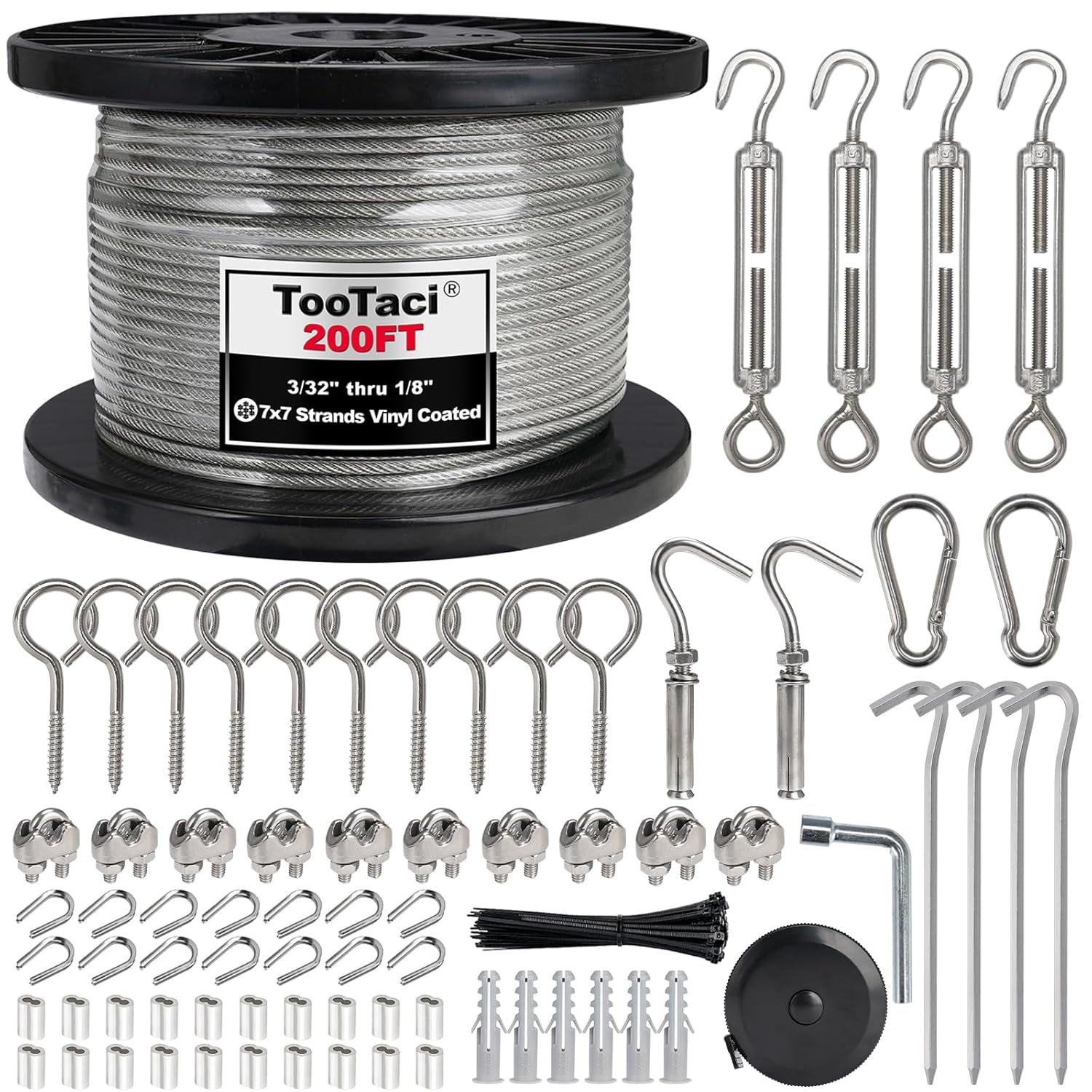 TooTaci 1/8" Wire Rope Kit, 200FT Vinyl Coated 304 Stainless Steel Cable with M5 Turnbuckles for Cables Wire for String Light Hanging, Clothesline, Garden Trellis, Curtain