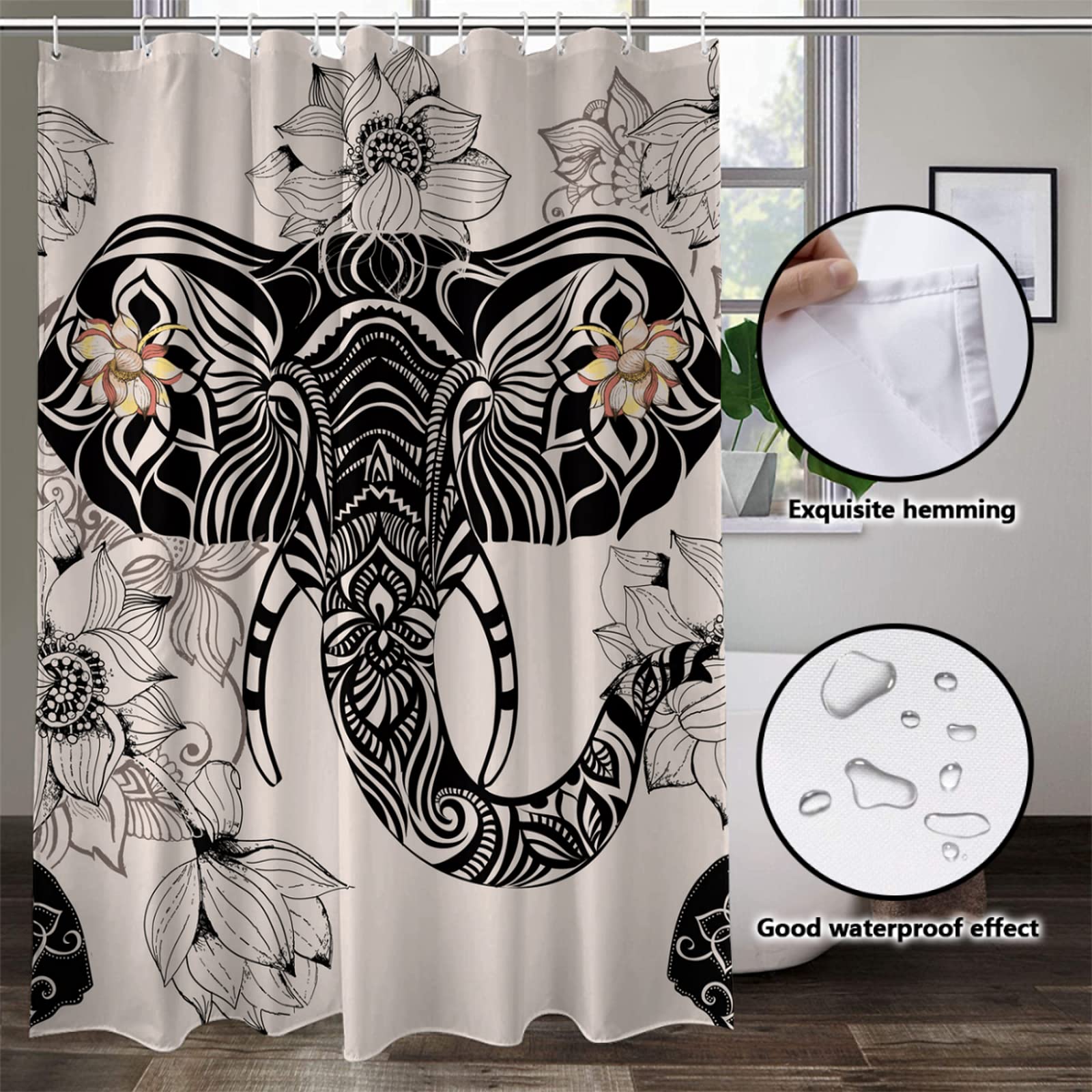 Tenda da doccia gialla Animali selvatici Elefanti Raggi di sole Alberi Stampa artistica Set di decorazioni per il bagno con ganci Multi-size 200x240cm/79x94in(WxH