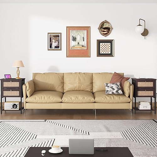 Miniatura 6 de Mesa auxiliar con estación de carga, mesita de noche decorada de ratán de 2 niveles con puertos USB y tomas, mesita de noche con cajón, mesa