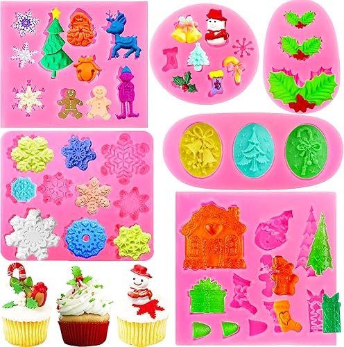6 moldes de Navidad de silicona, mini moldes de fondant de Navidad, copo de nieve, árbol de Navidad, reno, Papá Noel, hojas de acebo, caramelo,