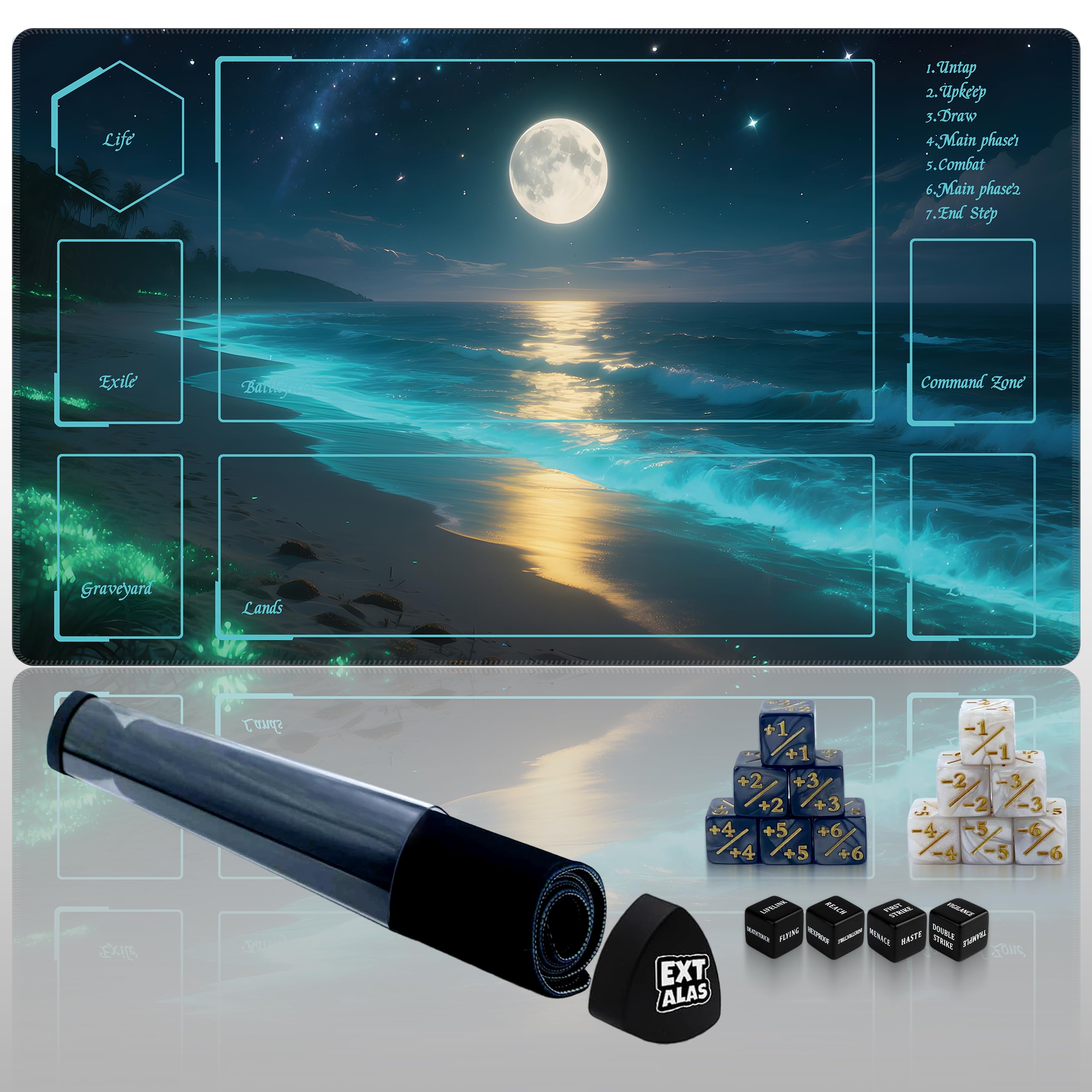 Extalas MTG Playmat with Storage Tube & 7-Dice Set - Waterproof TCG Playmat with Stitched Edges, Non-Slip Rubber Card Game Mat (24"x14") (playmat with Zones, Moonlit Coast) โ image 1