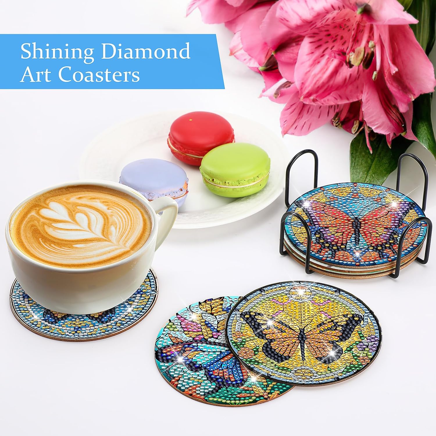 Butterfly Diamond Art Painting Coasters - 8 PCS Colorful Glass Diamond Art Kits for Adult DIY Drink Coffee Coaster Art Craft Supplies Birthday Christmas Xmas Gift for Women Beginners