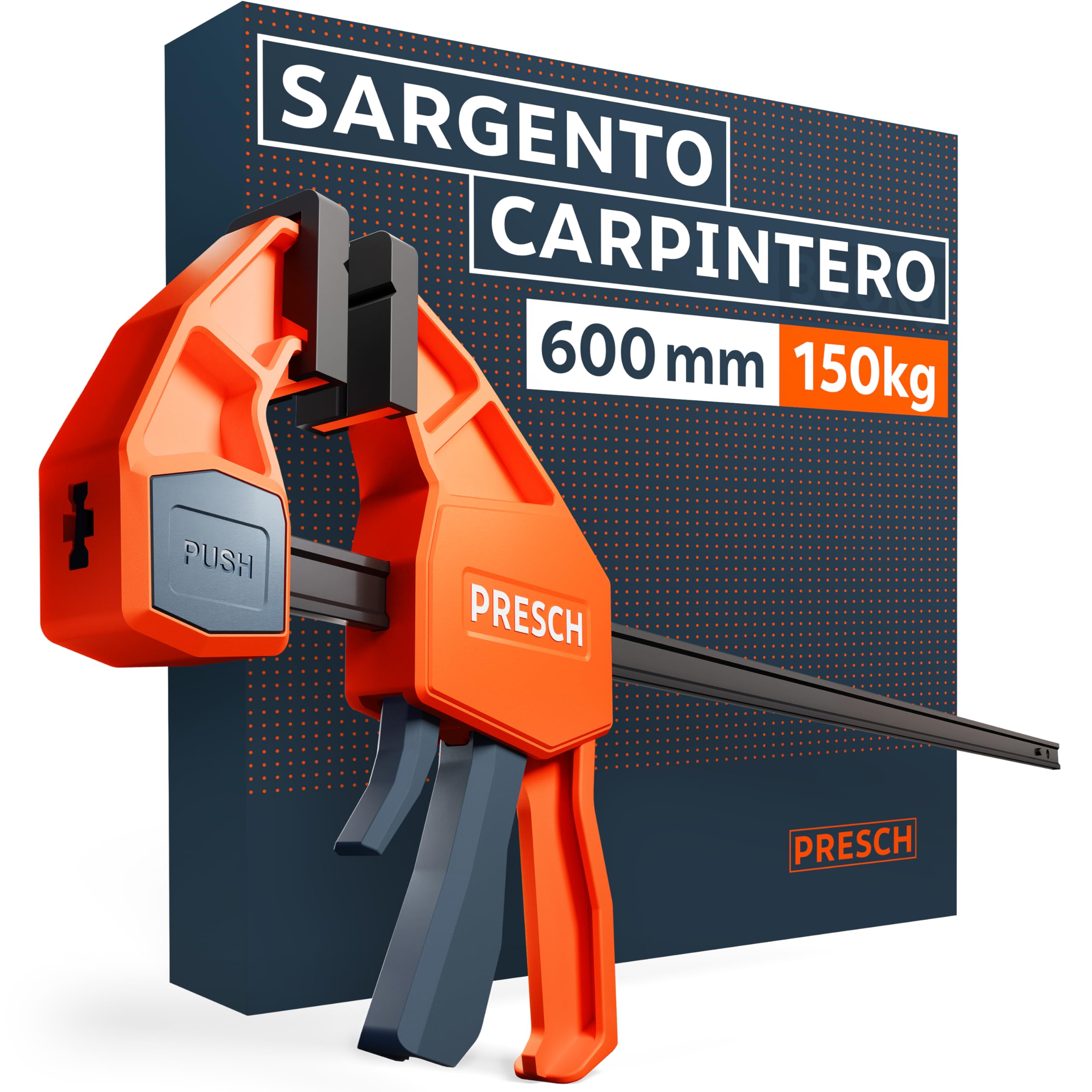 Presch Sargento Carpintero 600mm - Abrazadera de barra con 150 kg de fuerza de sujeción - Robusto gracias al acero al carbono y al cuerpo reforzado con fibra de vidrio - Con función de expansión