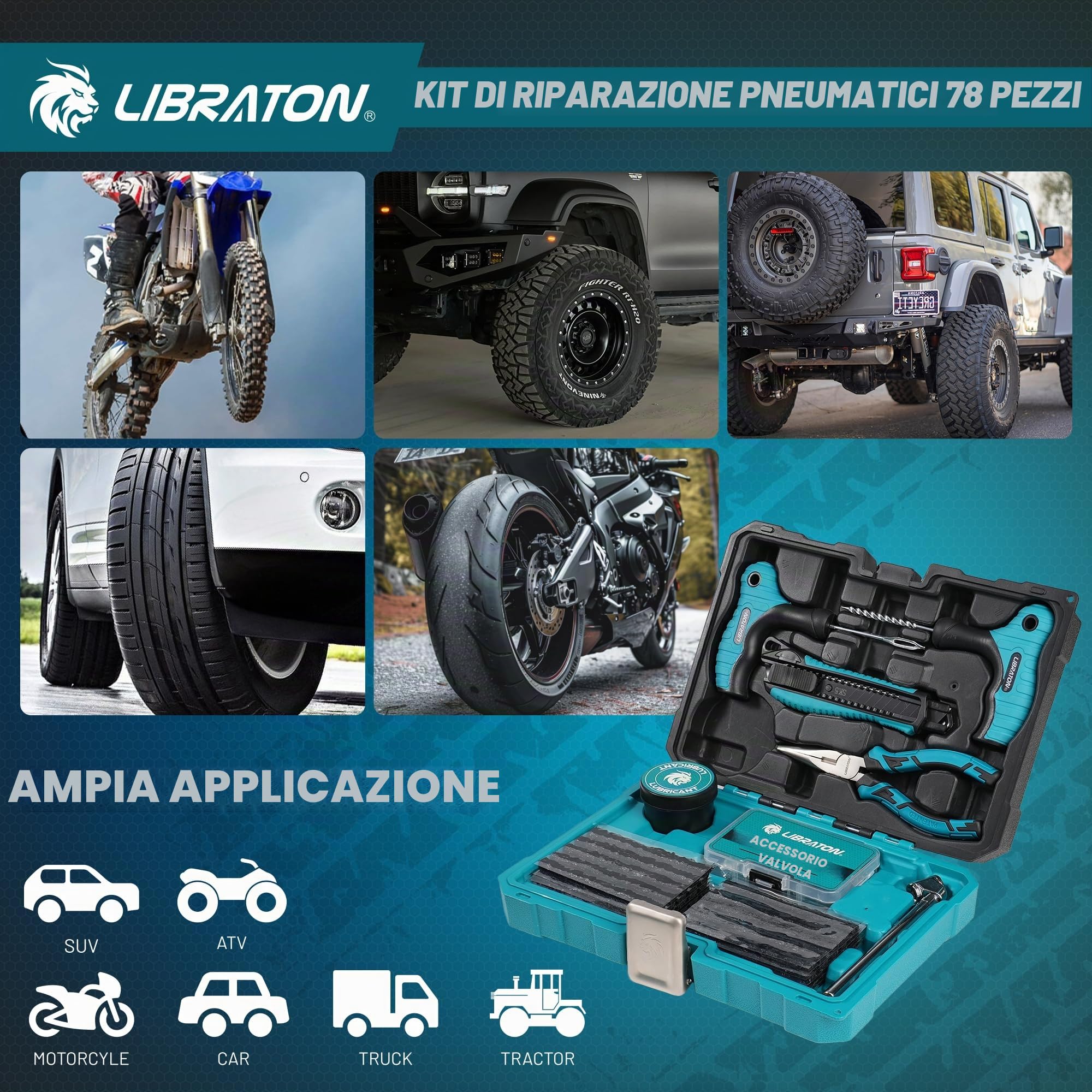Libraton kit Riparazione Pneumatici Auto, Kit Riparazione Gomme Professionale e Robusto per Fori e Puncture, Kit Tozze per Pneumatici Tubeless per Auto, Moto, ATV, SUV, Camion, Trattore, Rimorchio