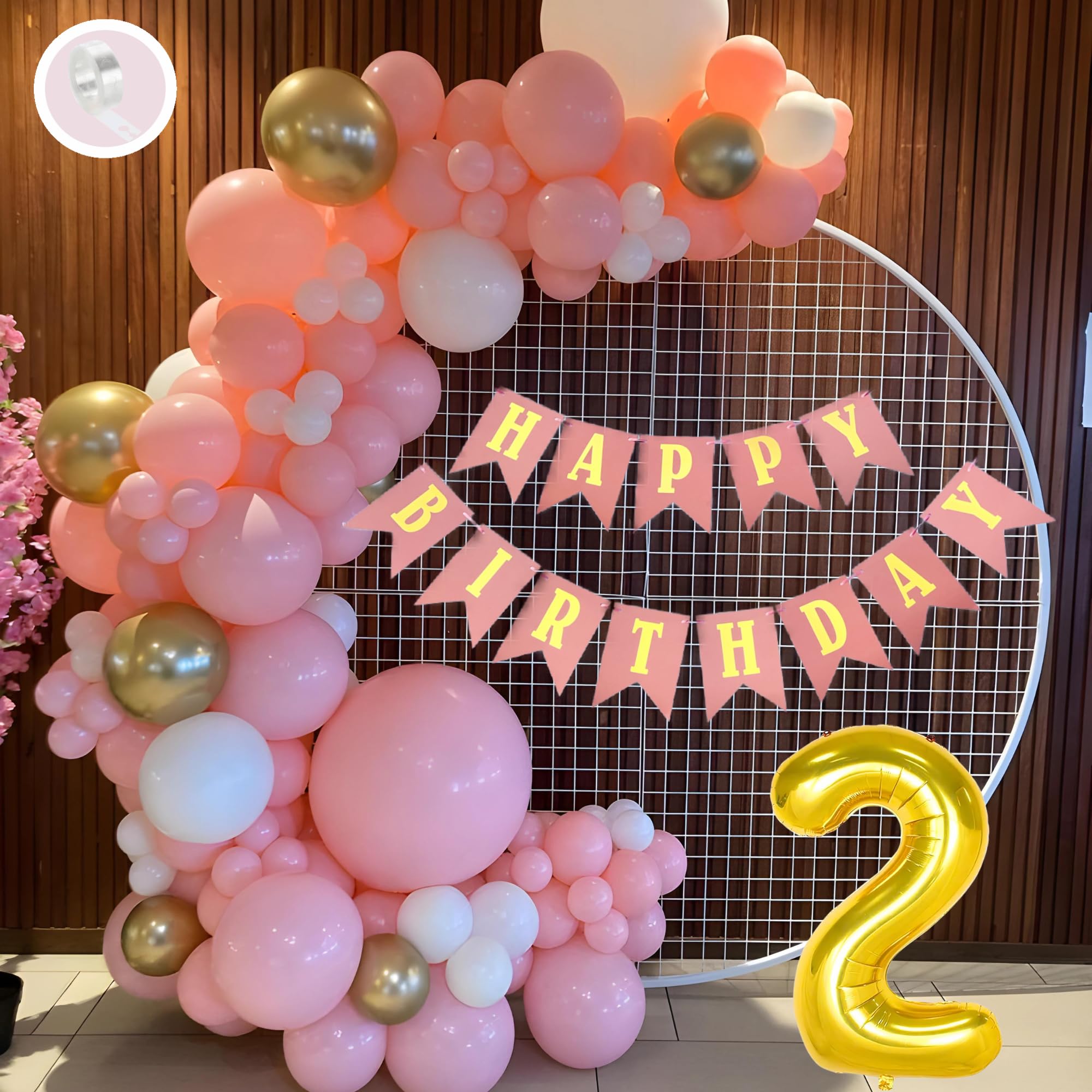 Flyloons 2nd Birthday Decoration Items Pink and White Theme Combination for Girls Princes | 30 Pcs Pink White Gold Balloons | Pink Happy Birthday Paper Banner | Arch Tape-image-26