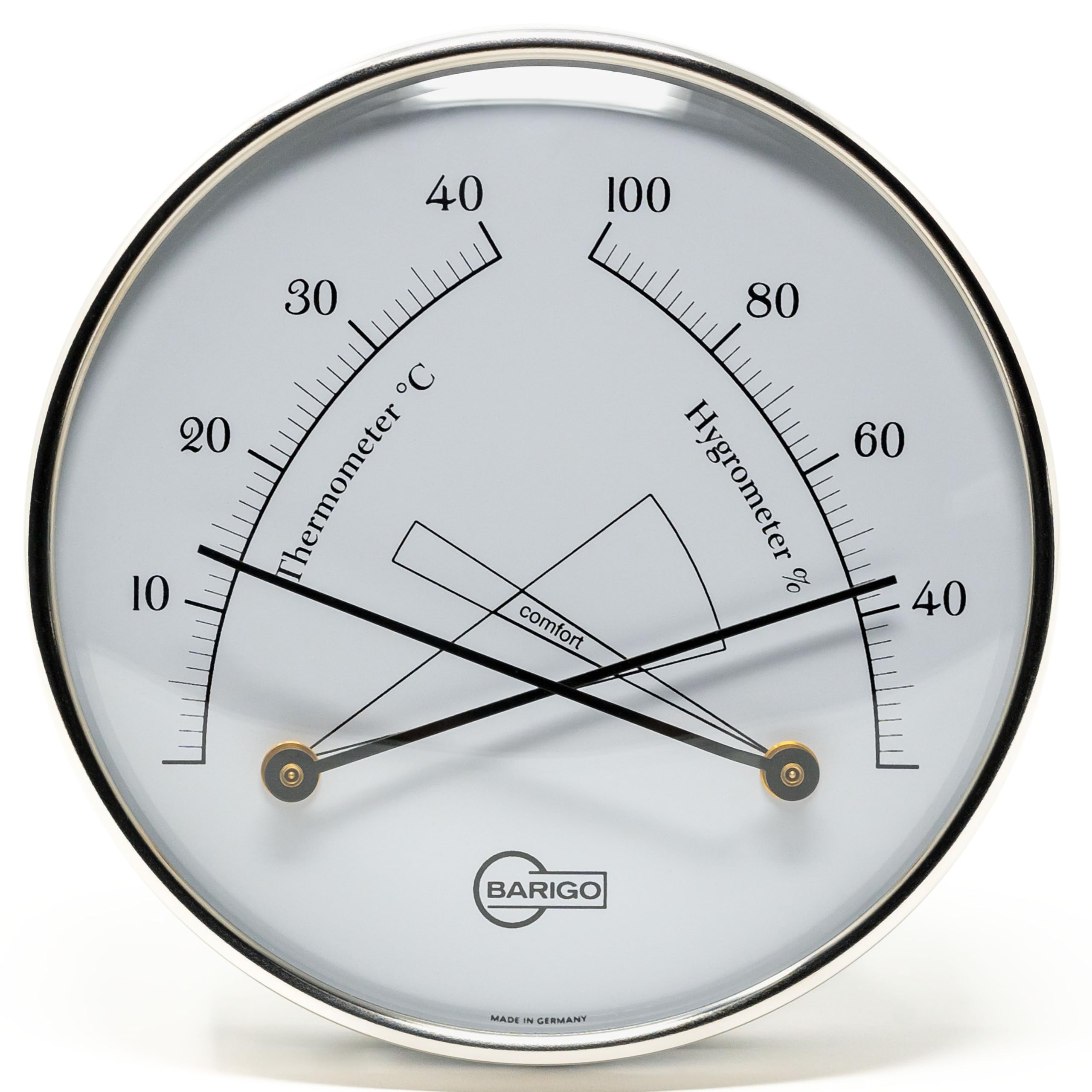 BARIGO 8862 Raum-Klimamesser, Glas, pulverbeschichteter Edelstahl schwarz | Messbereich 20-100 % r. F. und 0-40 °C, Thermohygrometer, Luftfeuchtigkeitsmesser, 100 mm Durchmesser, Made in Germany