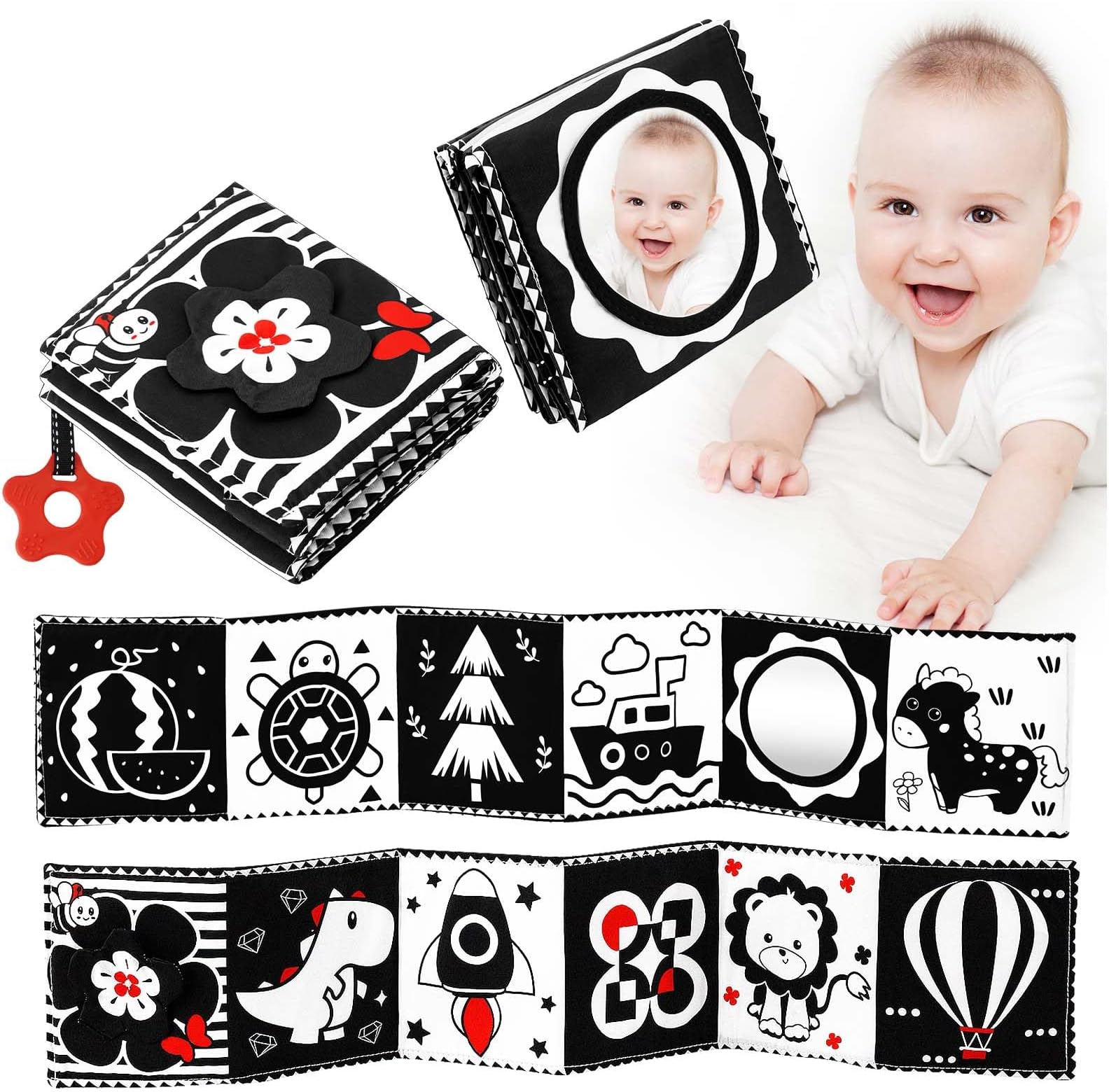 VOFAORTVOFAORT Black and White High Contrast Baby Toys 0-3 3-6 Months, Infant Tummy Time Mirror Toys Crib Cloth Book for Newborn, Montessori Sensory Toys with Crinkle Toys and Teether