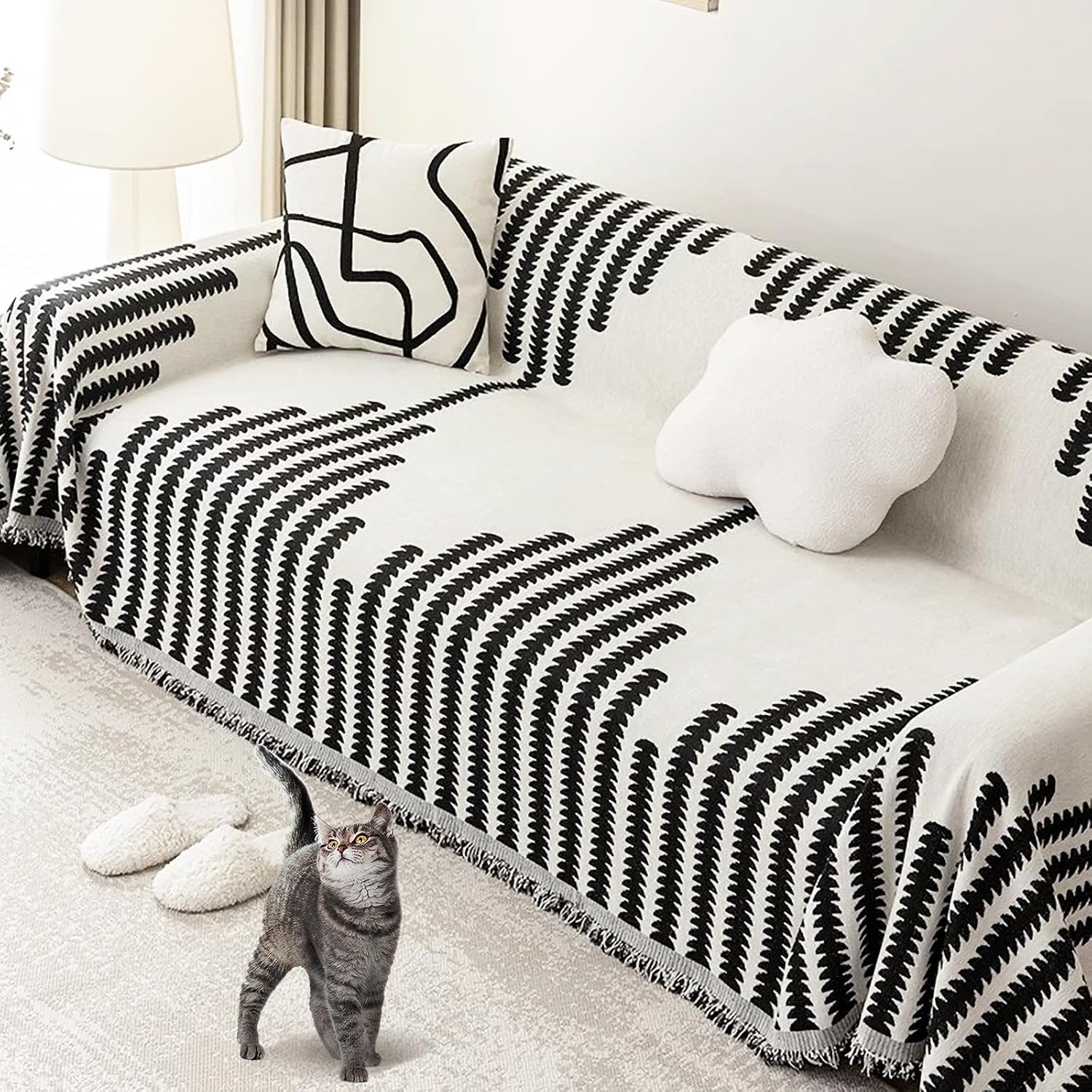 Sofa Covers Washable Sectional with Tassel Sofa Covers Loveseat Covers Chenille Sofa Slipcovers Line Pattern Couch Covers for 3 Cushion Couch Sofa (Black, 71"x118")