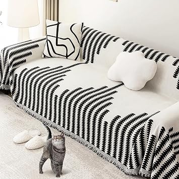 Sofa Covers Washable Sectional with Tassel Sofa Covers Loveseat Covers Chenille Sofa Slipcovers Line Pattern Couch Covers for 3 Cushion Couch Sofa Black, 71"x134"
