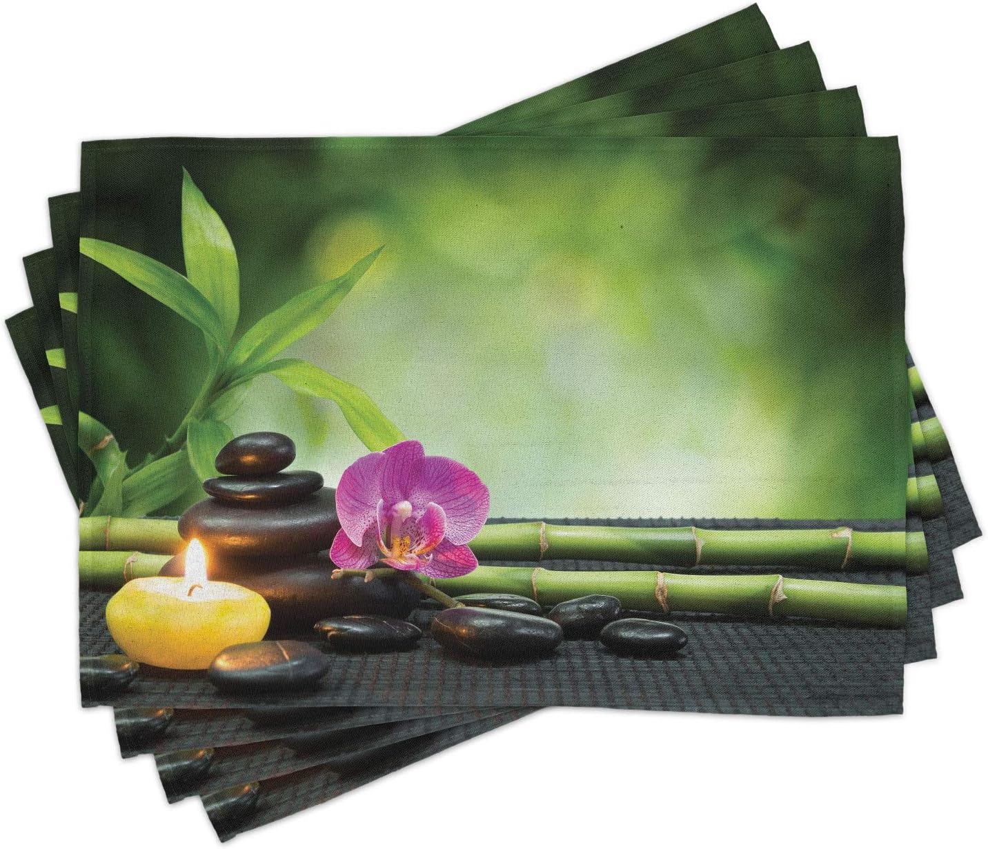 Ambesonne Spa Themed Place Mats Set of 4, Orchid Petal Leaves Stones Japanese Aura Elements Closeup Photo, Washable Fabric Placemats for Dining Table, Standard Size, Apple Green and Fuchsia