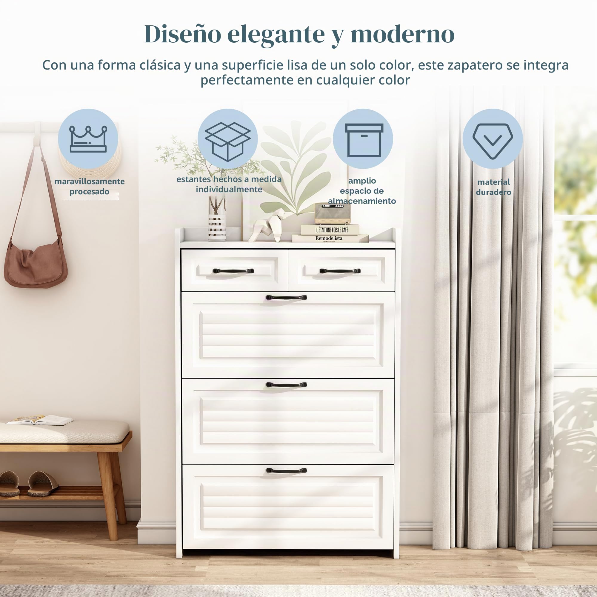 Zapatero con cajón giratorio, zapatero 80 x 23,5 x 125 cm de madera con tres grandes solapas y dos cajones, zapatero de madera, estante para zapatos (Blanco)