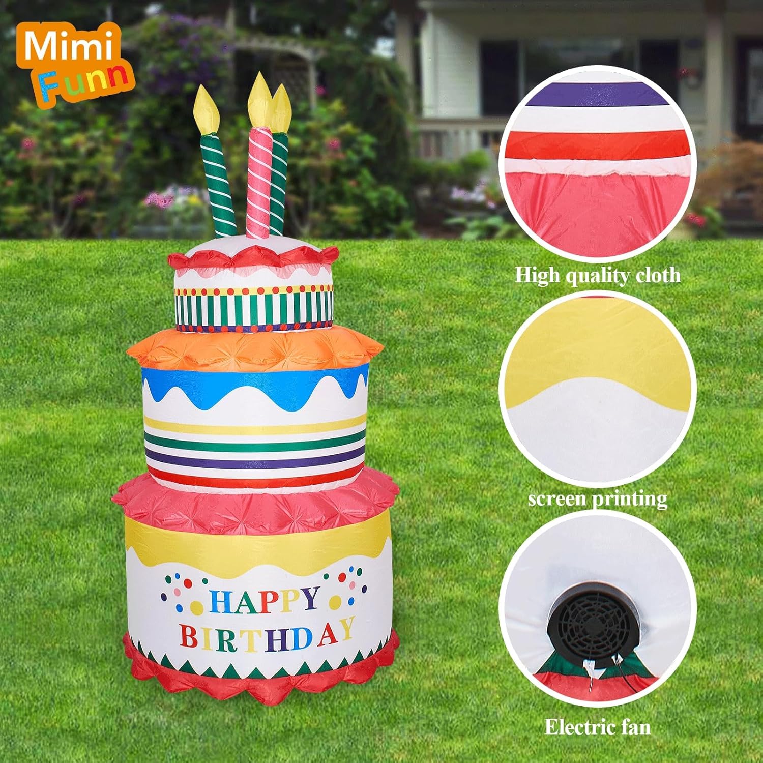MIMI FUNN Happy Birthday Cake Inflatable Decoration, Birthday Outdoor Inflatable Decorationwith Lights for Garden, Yard, Lawn (6ft 3 Tier Cake)