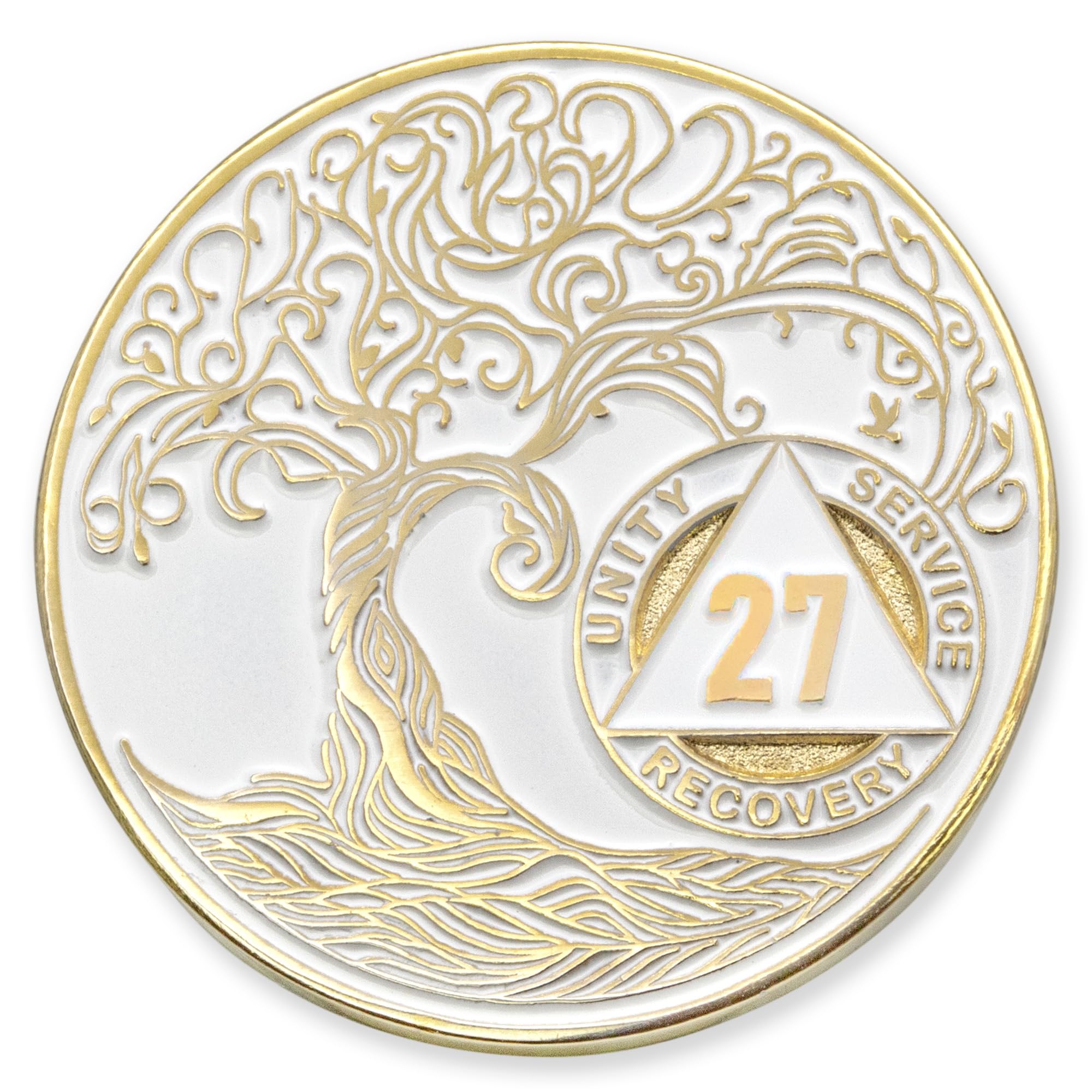 1 to 50 Year Twisted Tree of Life Sobriety Coin - Gold Plated AA Chips &amp; Medallions - 27 Year Sobriety Coin - White