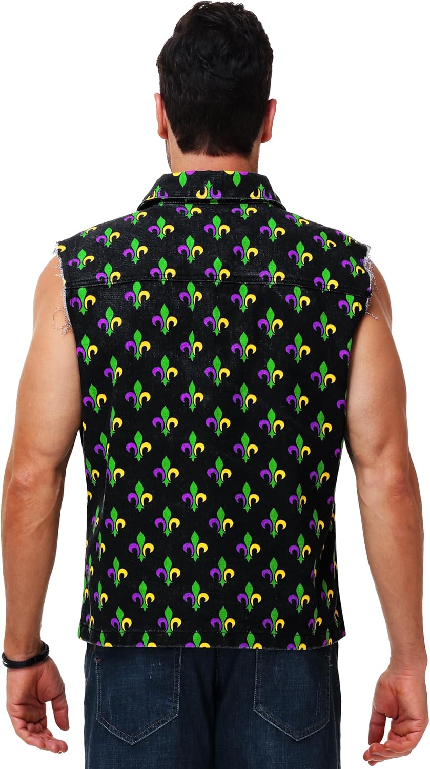 AOBUTE Mens Mardi Gras Denim Vest St Patricks Day Sleeveless Jean Jacket - Image 7