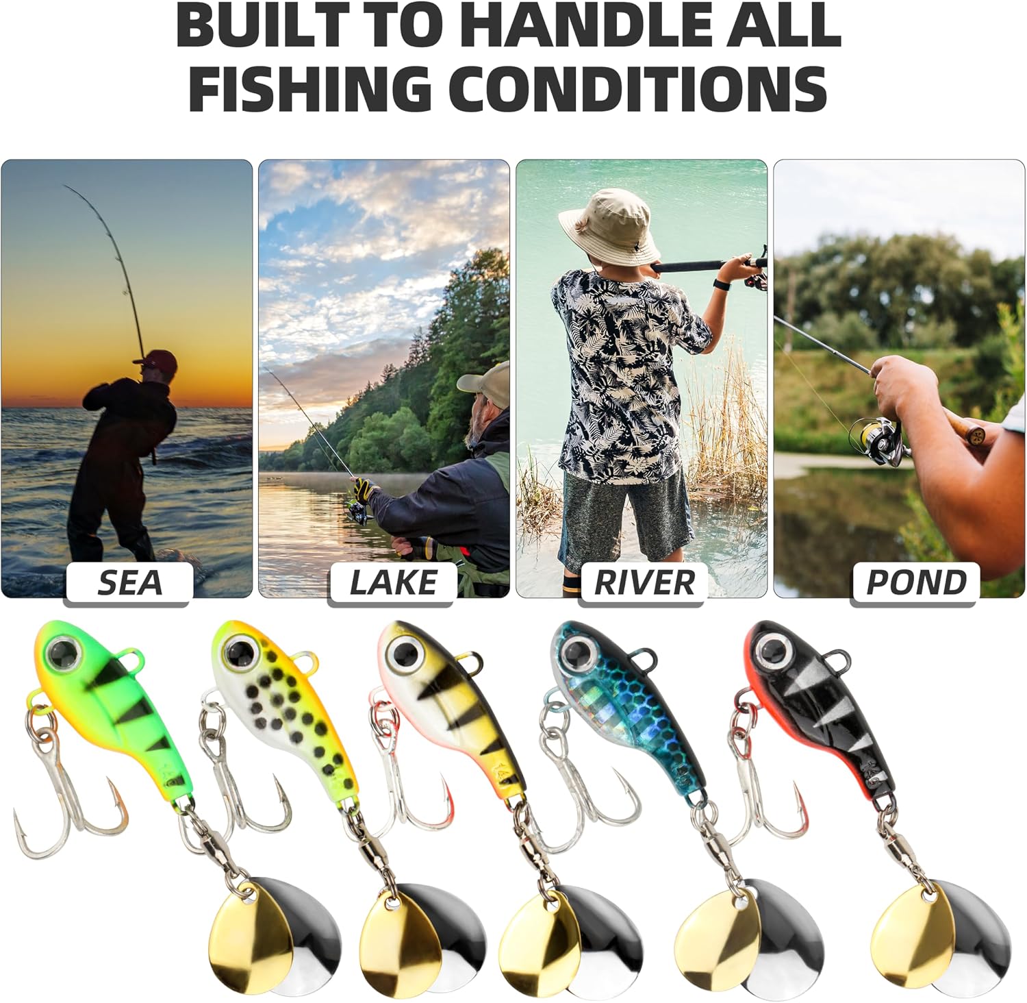 Jigging Spoon Fishing Lure, Tail Spinner Hard Metal Lures with Dual Spinner Blades & 360° Reflective Flash for Freshwater & Saltwater Bass, Trout & Pike