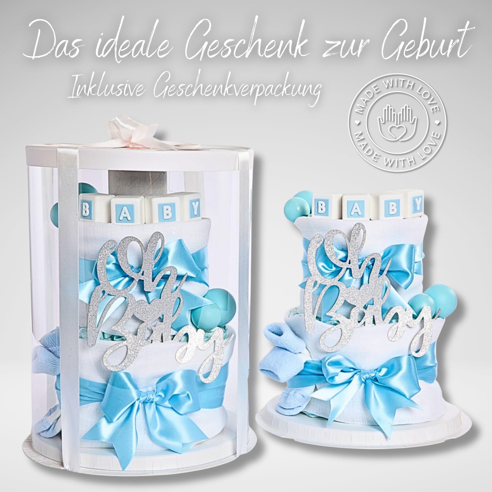 limely©, Windeltorte, Geschenk zur Geburt – Premium Geschenkset mit 16 Pampers Windeln, Bio Mullwindeln, Baby Söckchen, Grußkarte & Geschenkverpackung – Tolles Geschenk für Babyparty (Blau)