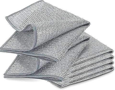 6 PCS Double Layer Wire Dishwashing Cloths Non-Scratch Multipurpose Steel Cleaning Cloth 20x20 cm Reusable Metal Dishcloths Rag Towel for Kitchen Dish Sink Stove Top